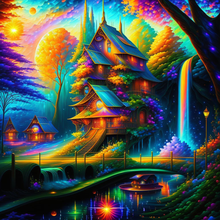 Colorful fantasy landscape with multilevel treehouse, rainbow, glowing windows, boat on serene river