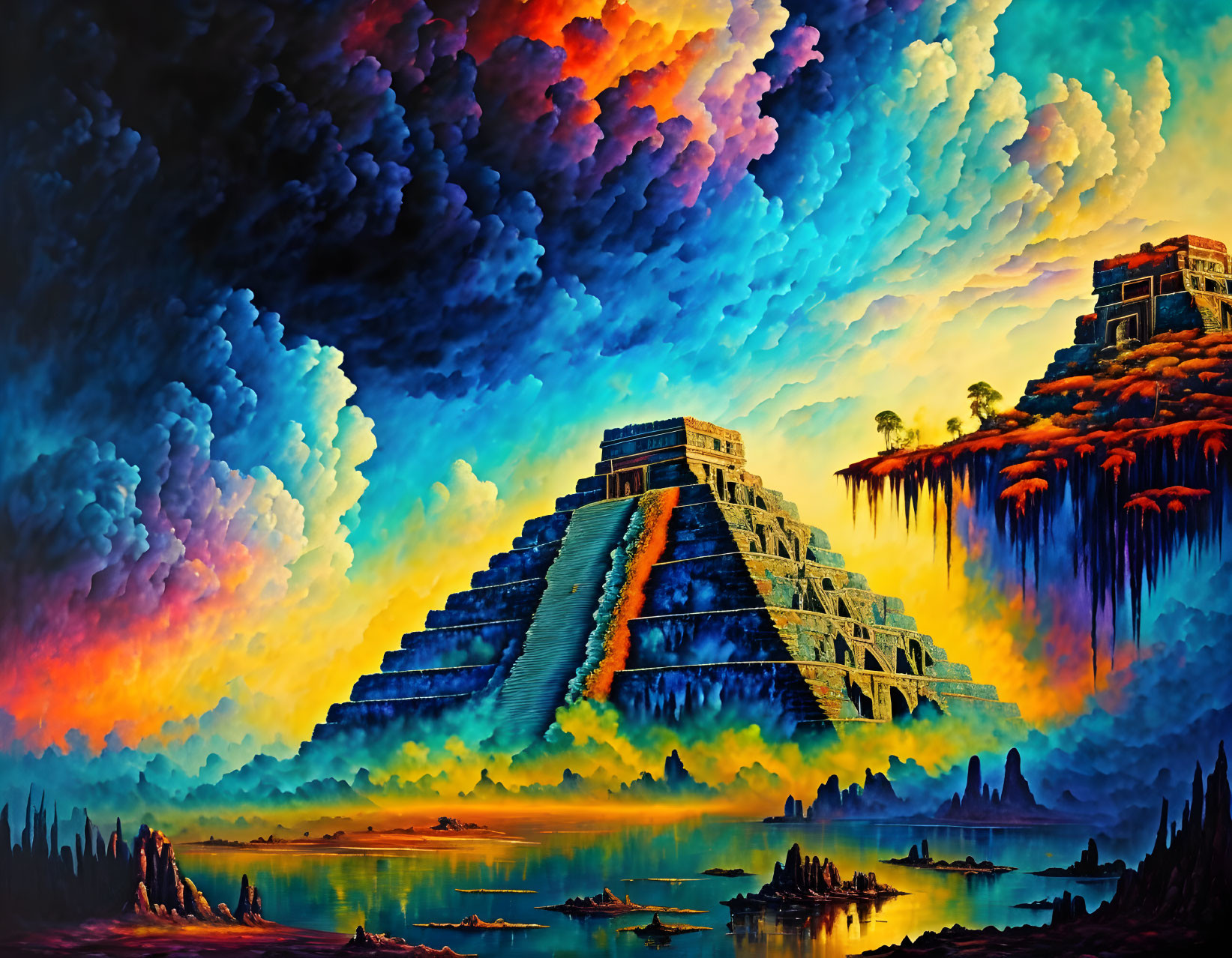 Vivid painting: Ancient Mesoamerican pyramids near reflective water under dramatic sky