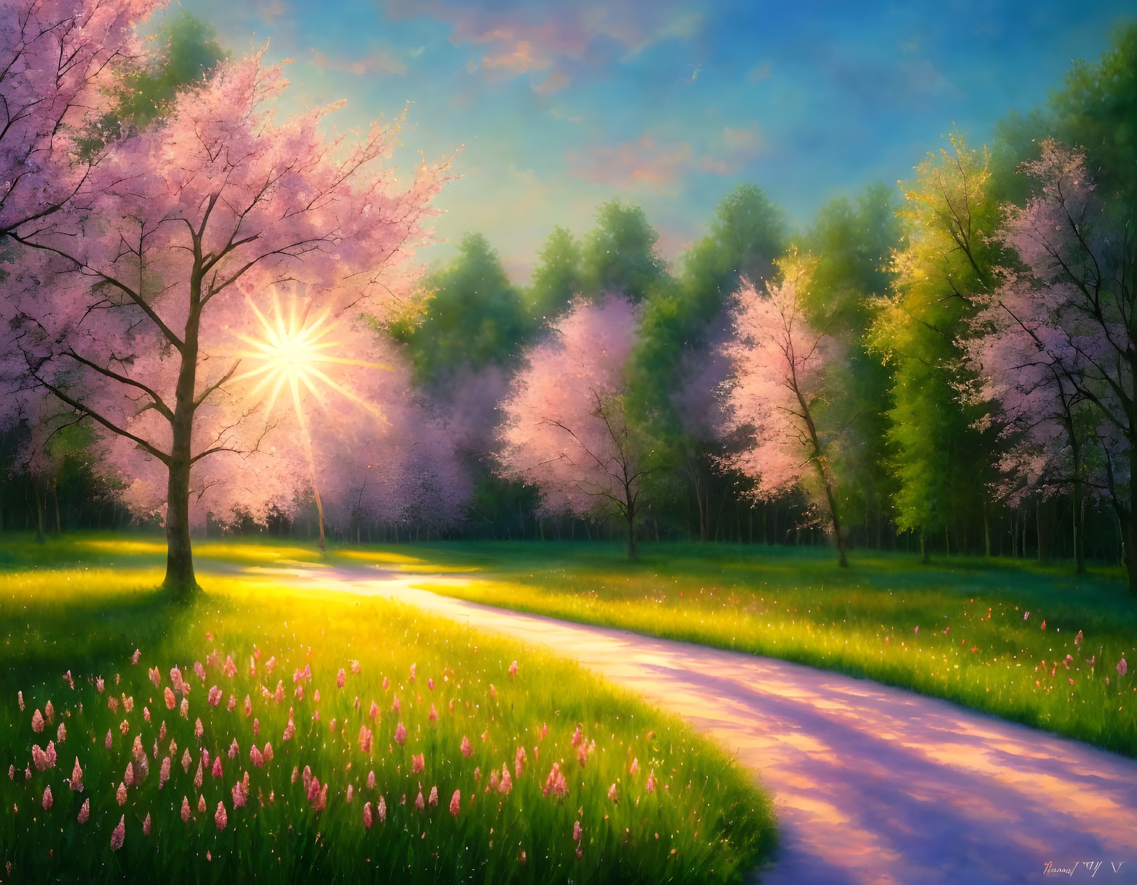 Tranquil Cherry Blossom Landscape with Sunrise and Greenery