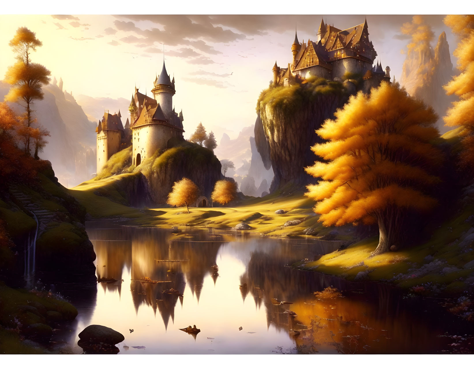 Fantasy landscape with floating castles over reflective lake at sunset