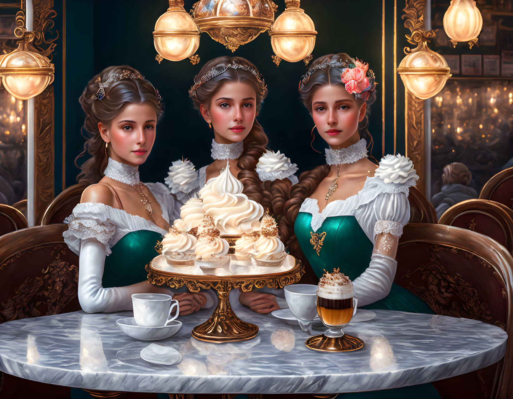 Elegantly Dressed Women at Lavish Table with Desserts in Vintage Setting