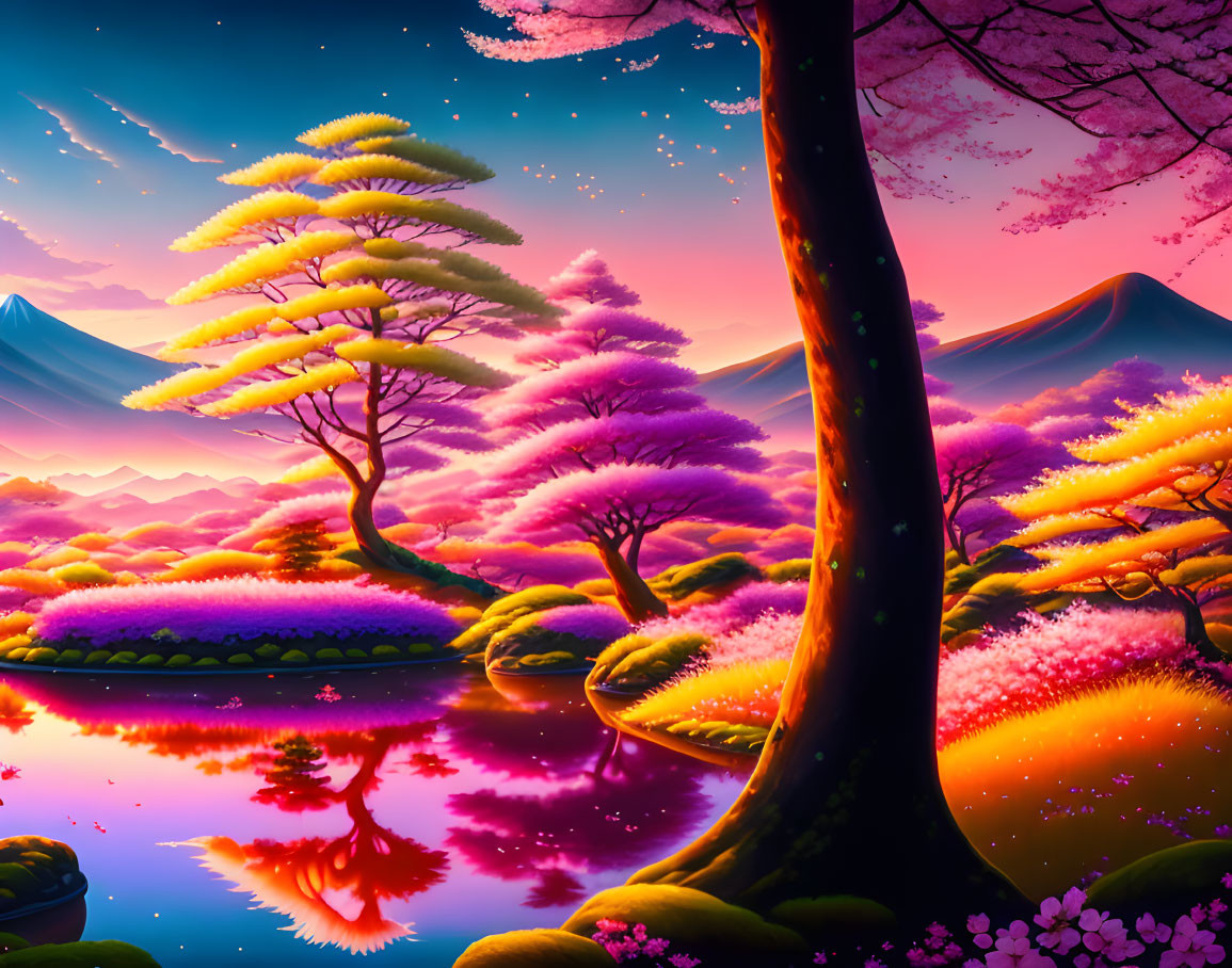 Colorful digital landscape with pink trees, serene river, hills, mountains, and vibrant sky