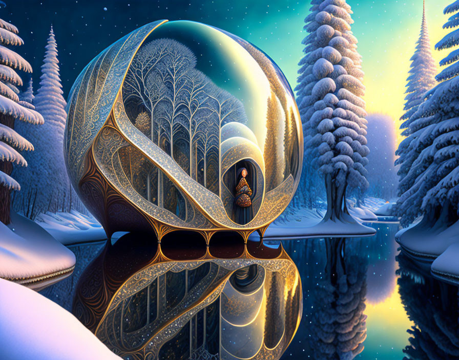 Person in Egg-Shaped Structure in Snowy Winter Scene