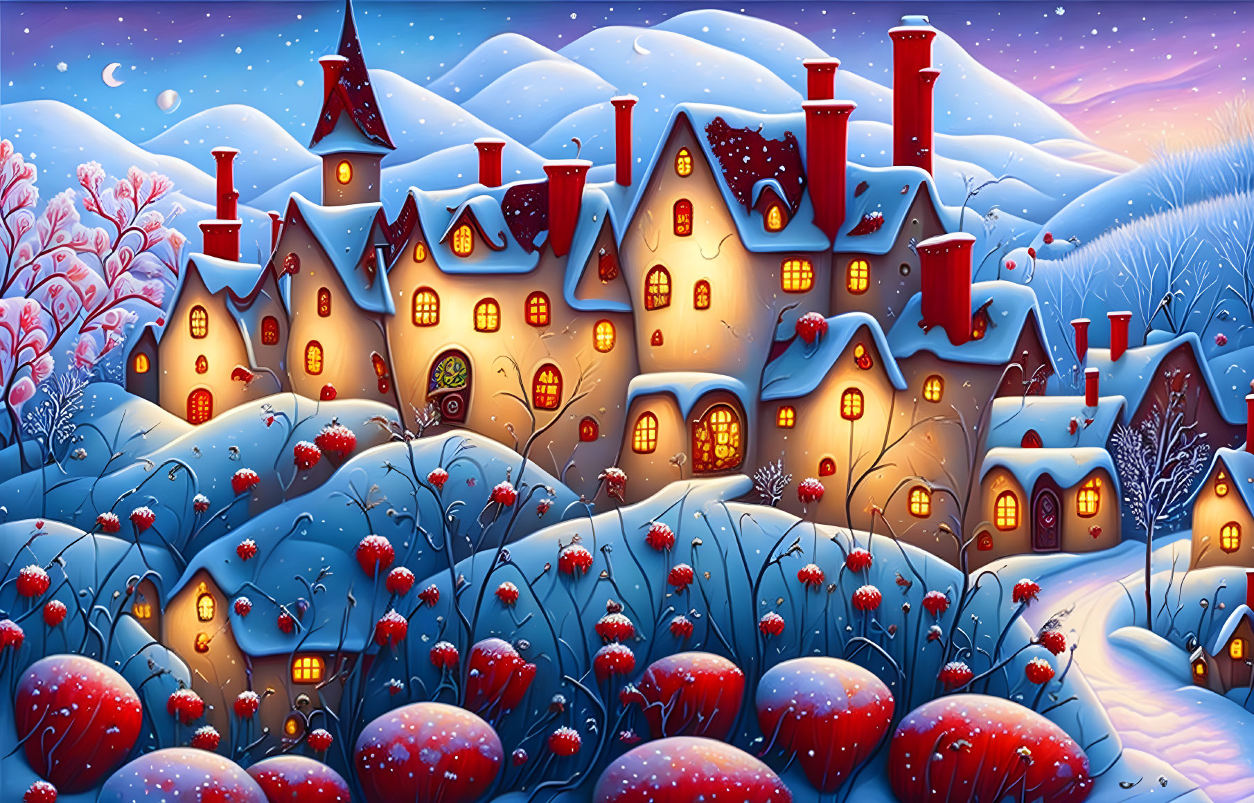 Colorful Illustration of Snowy Village with Starry Night Sky