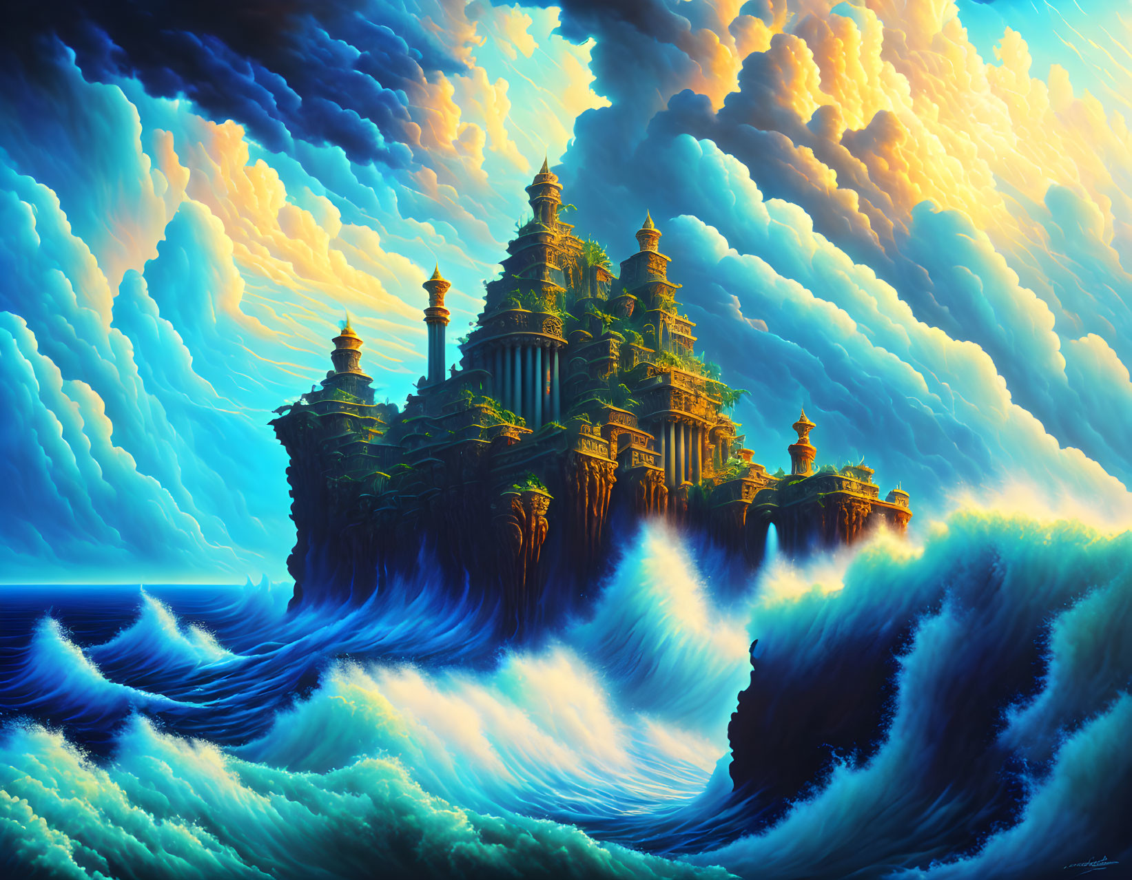 Fantasy artwork: Vibrant castle on cliff with ocean waves & dramatic sky