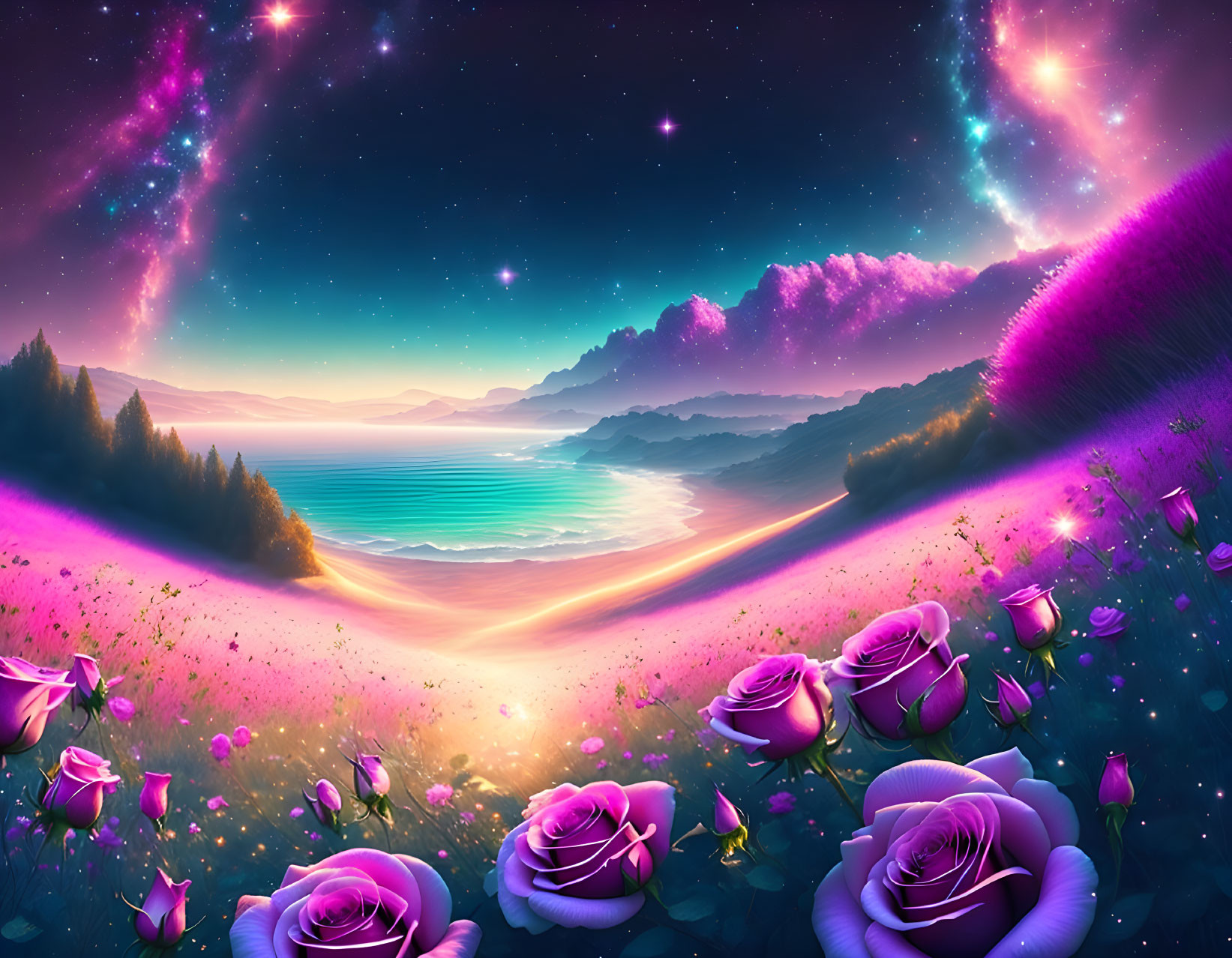 Fantasy landscape with glowing sky, stars, beach, and oversized roses