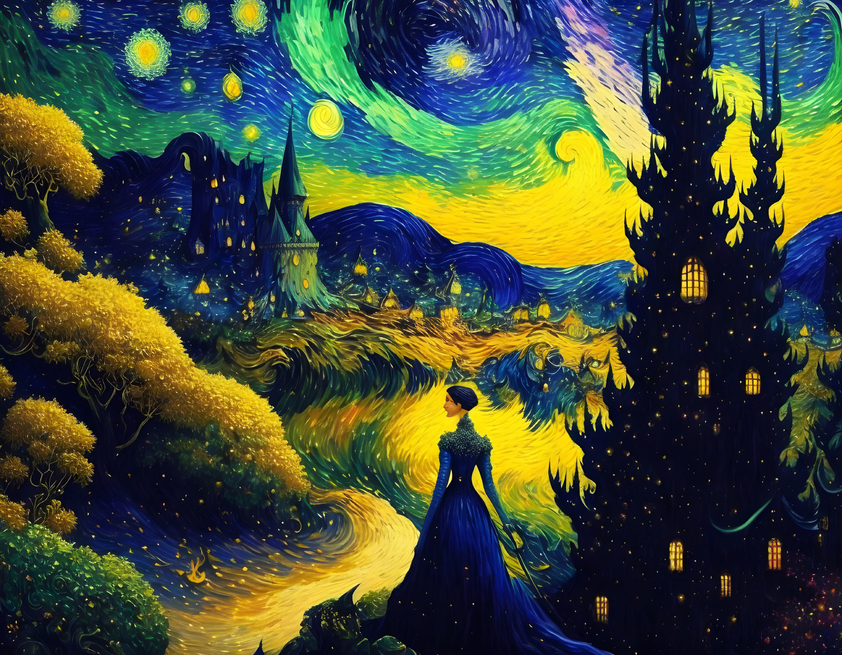 Woman in Blue Gown Against Van Gogh-Inspired Starry Night