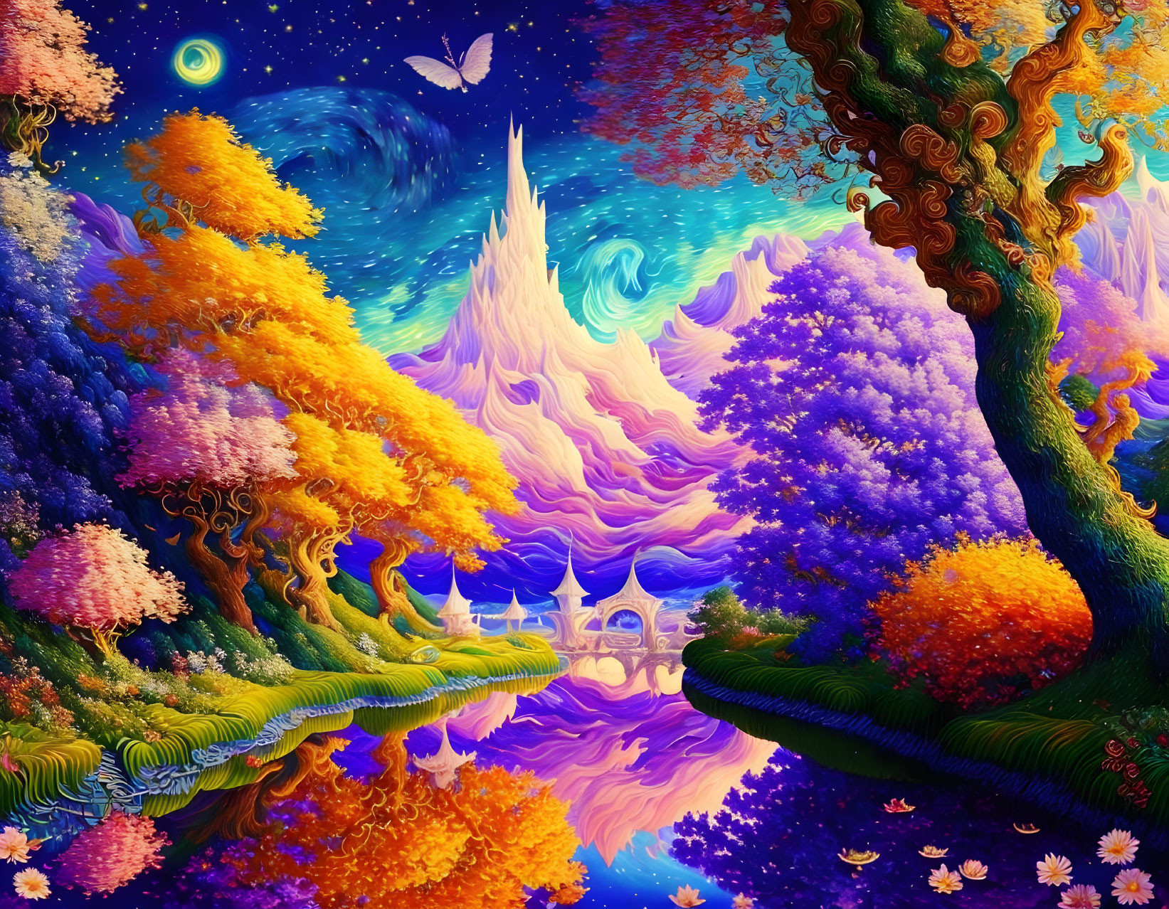 Colorful Psychedelic Landscape with Whimsical Castle & Butterfly