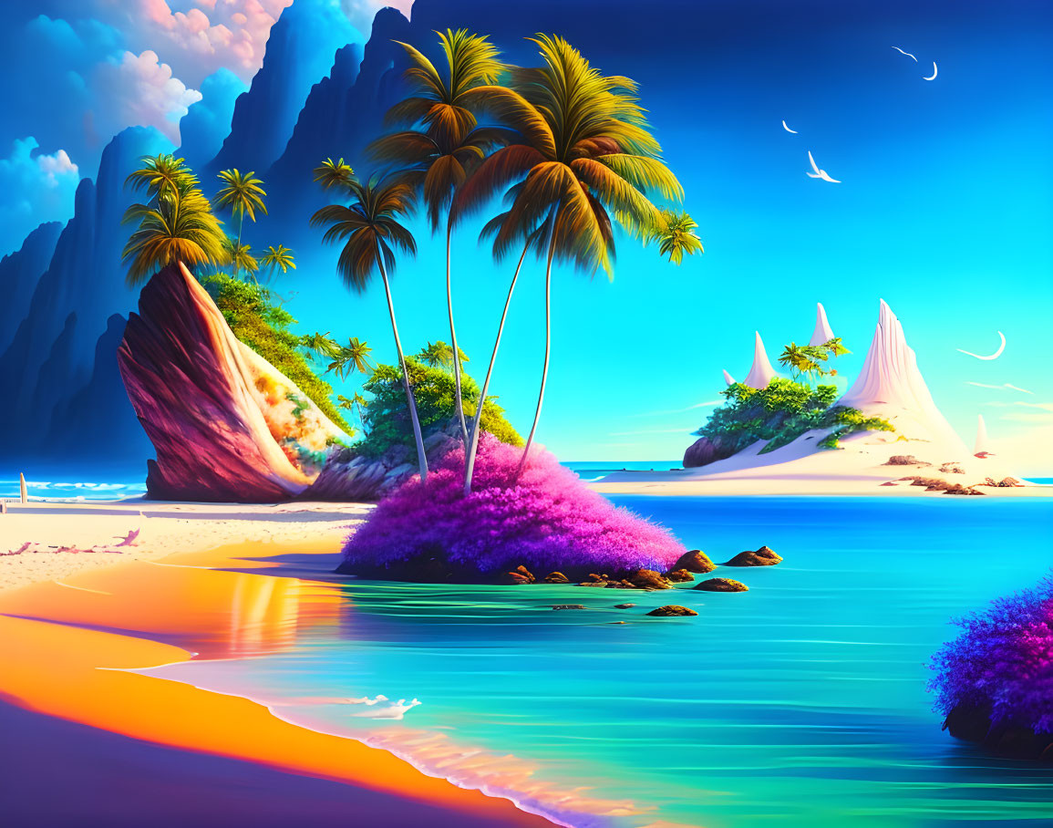 Tropical Beach Scene with Azure Waters and Palm Trees