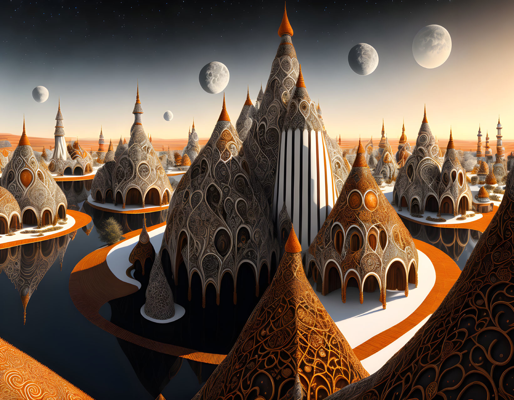 Fantasy landscape with spire-topped buildings and multiple moons