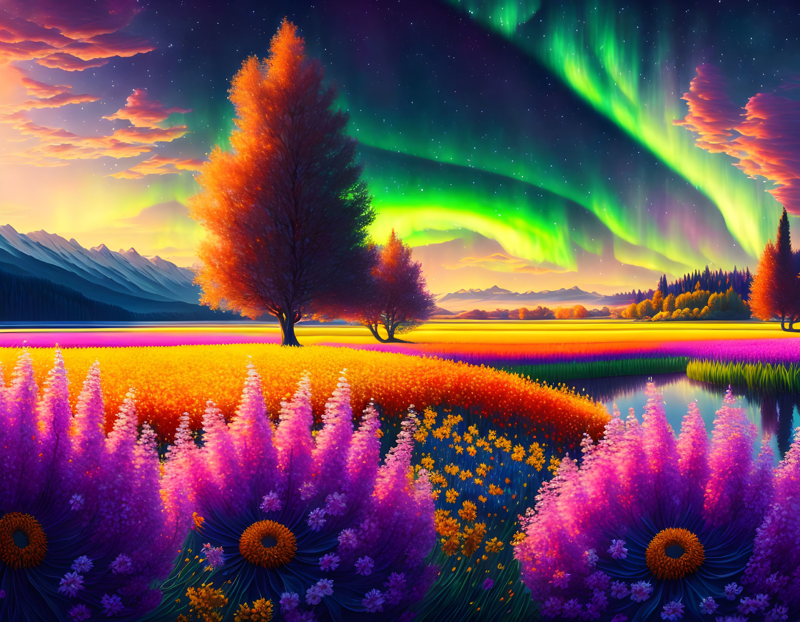 Colorful Aurora Borealis Over Meadow with Autumn Trees by Tranquil Lake