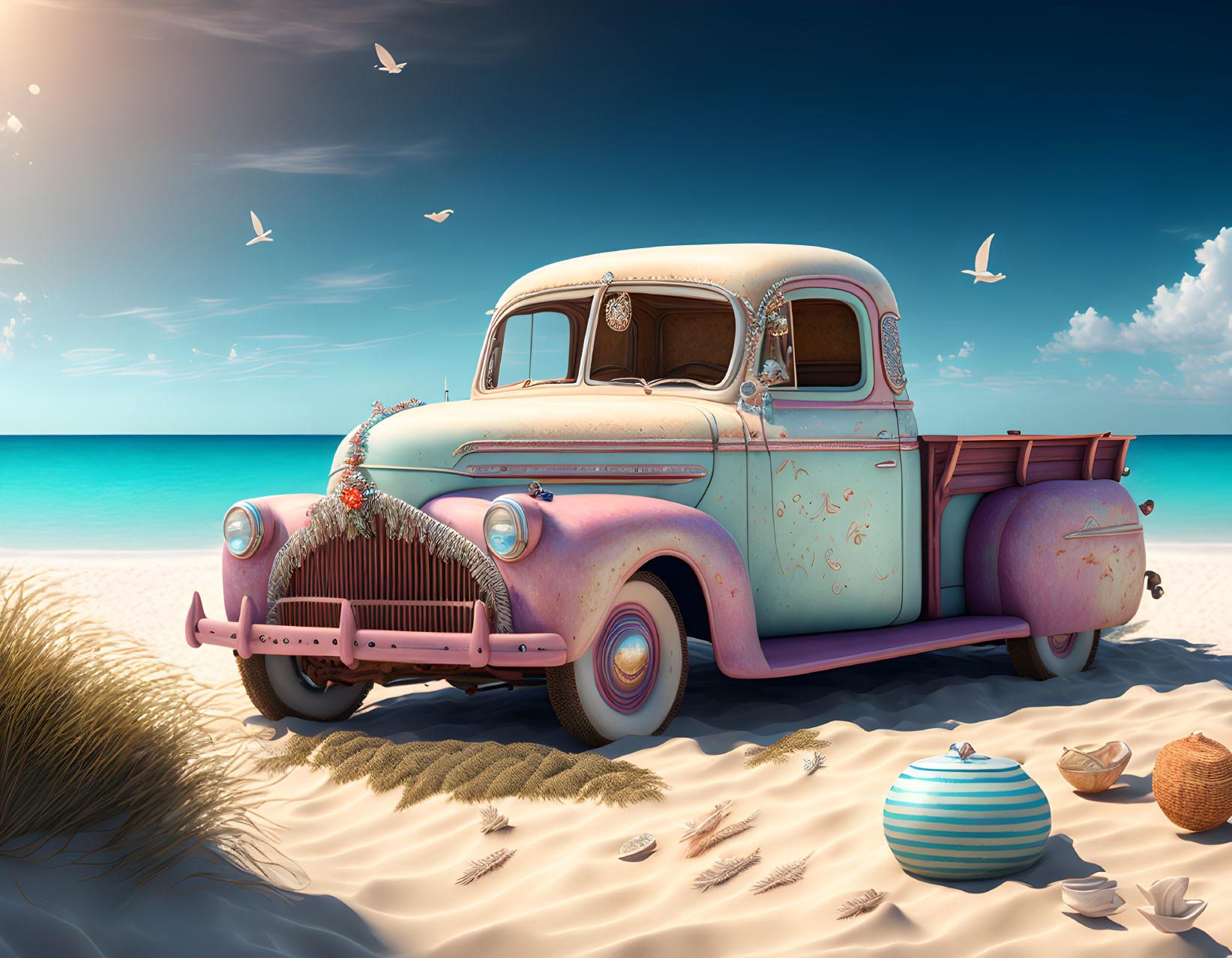 Vintage Pink Pickup Truck on Sandy Beach with Seagulls and Beach Items