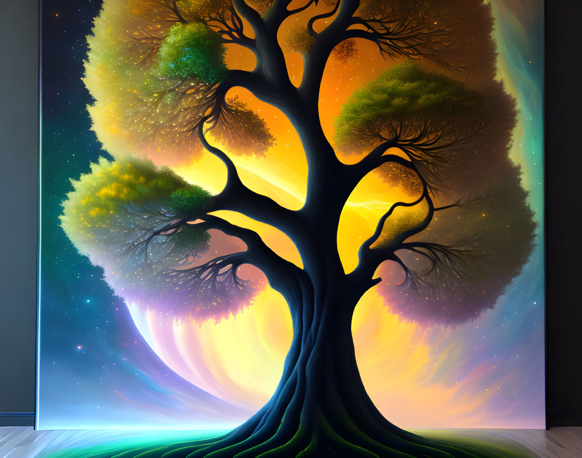 Colorful indoor wall mural: autumn tree blending into night sky