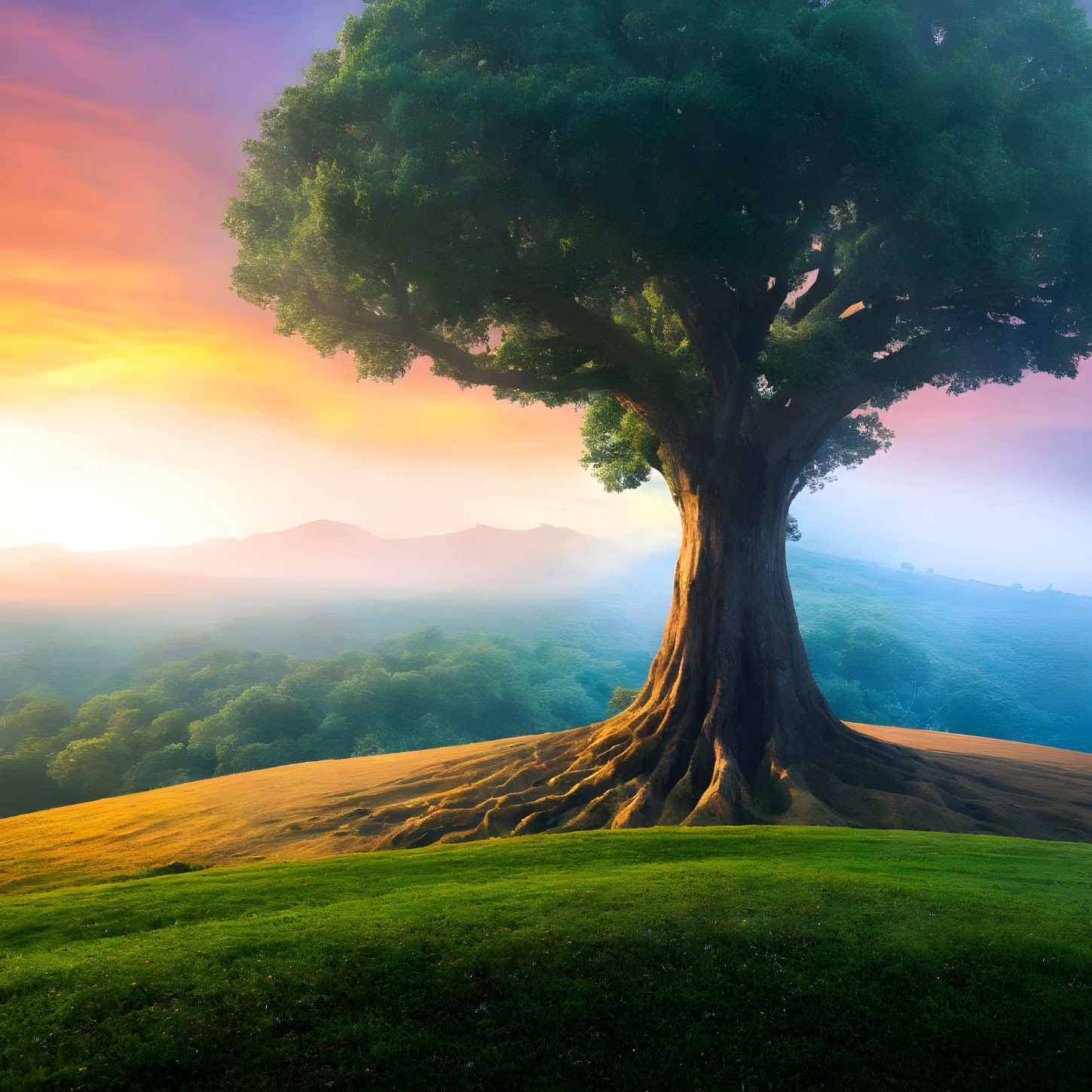 Majestic tree on hilltop at sunrise with vibrant sky and mist-covered landscape