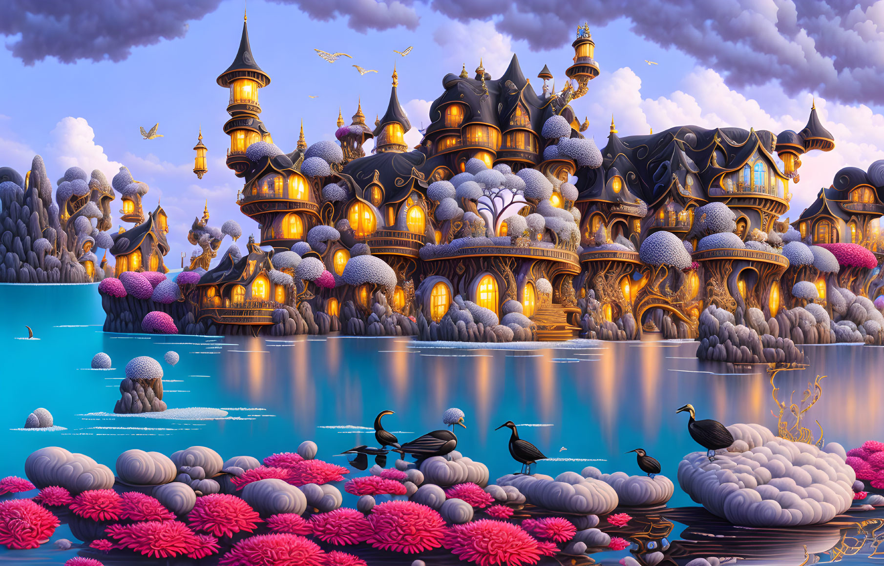 Fantasy castle with golden spires on rocky islands by serene blue lake