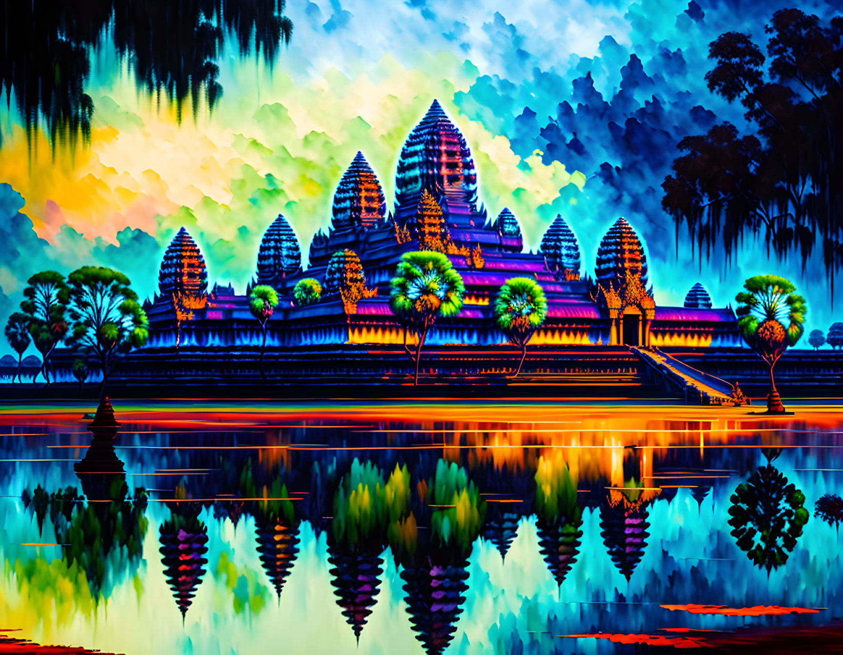 Colorful Digital Art: Angkor Wat Reflection in Psychedelic Style