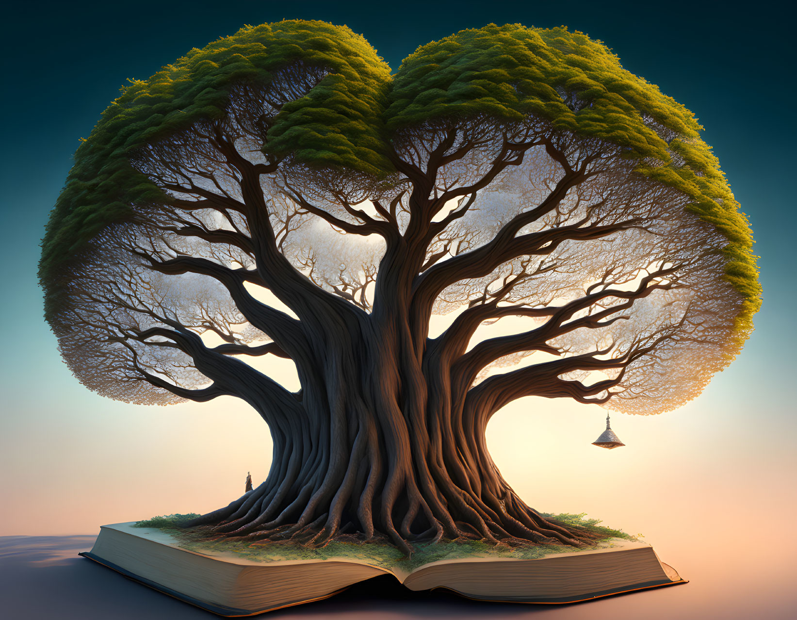 Intricate tree growing from open book with lantern, lush foliage, warm gradient background