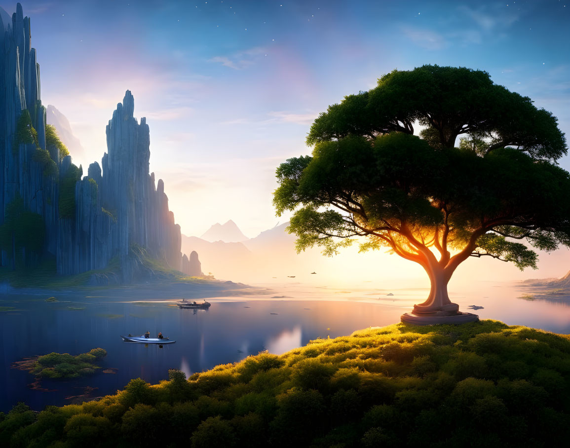 Tranquil island landscape with majestic tree, cliffs, and vibrant sunrise