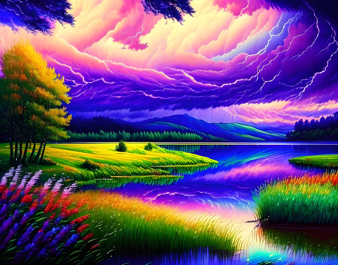 Colorful Landscape with Stormy Purple Sky and Serene Lake