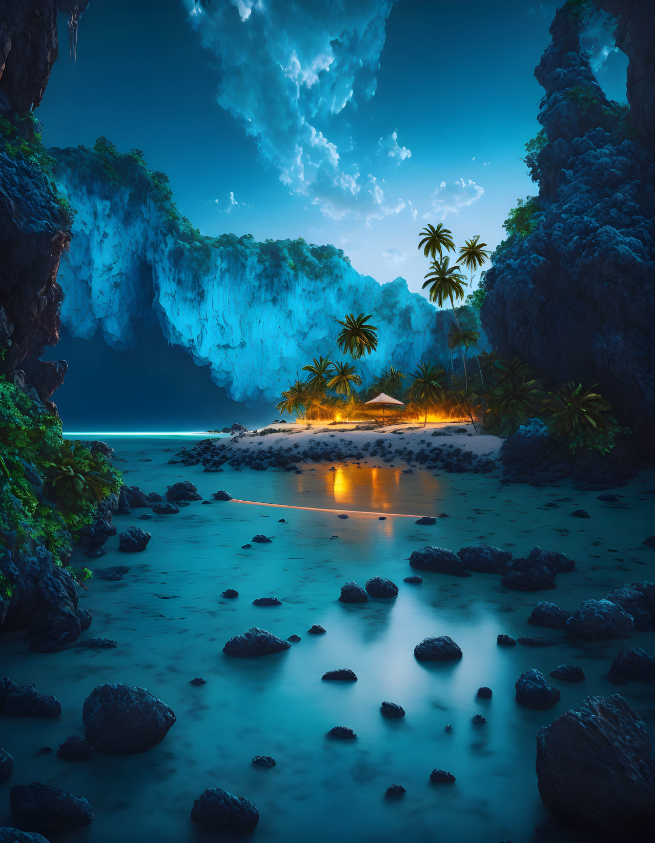 Twilight beach scene with cliffs, palm trees, and starlit sky