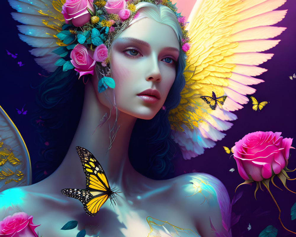 Fantastical female figure with blue hair, roses, wings, and butterflies on purple background