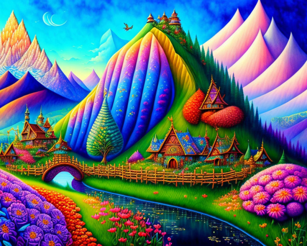 Colorful fantasy landscape: rolling hills, village, river, flora, mountains under twilight sky