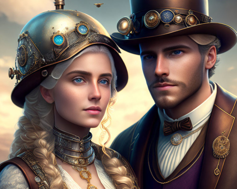 Steampunk-themed couple in vintage sci-fi attire with top hat and metal helmet.