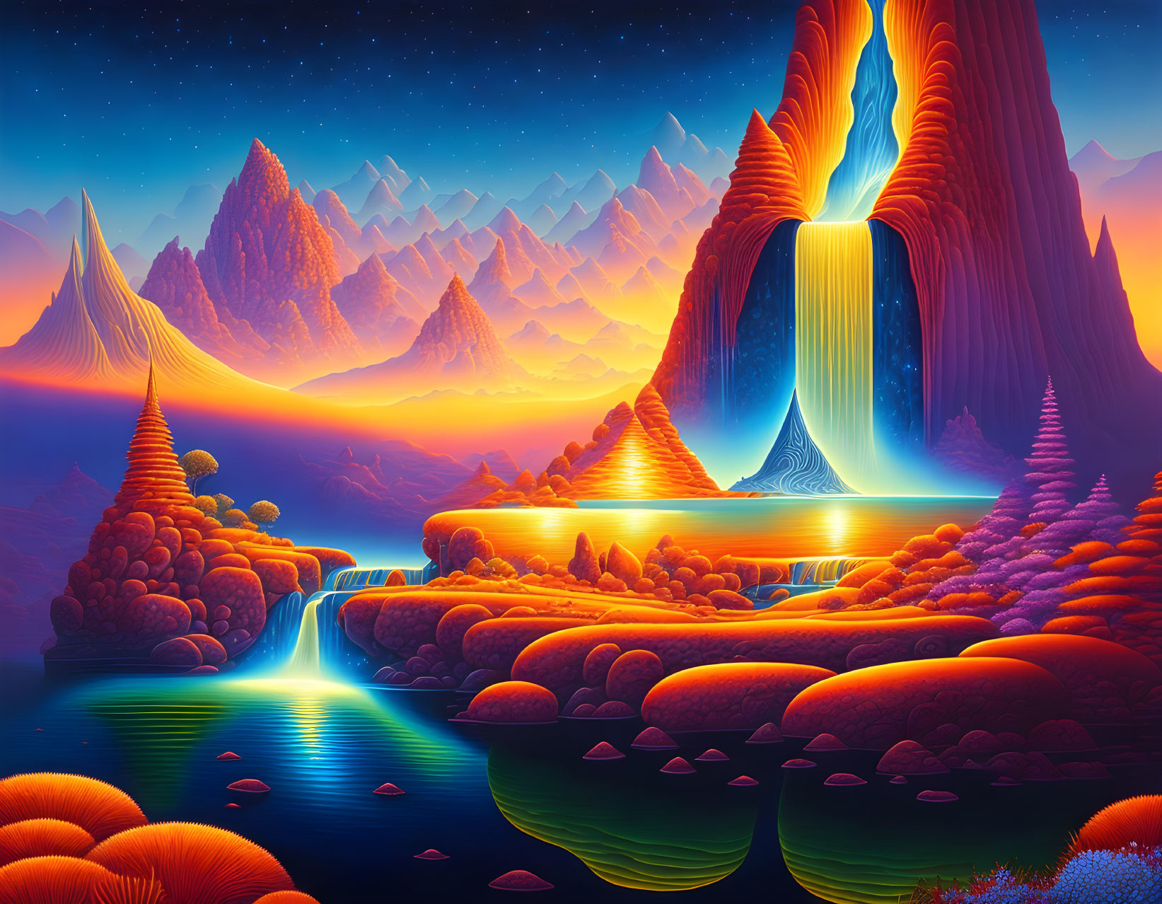 Vibrant surreal landscape with waterfall, autumn trees, mountains, starry sky