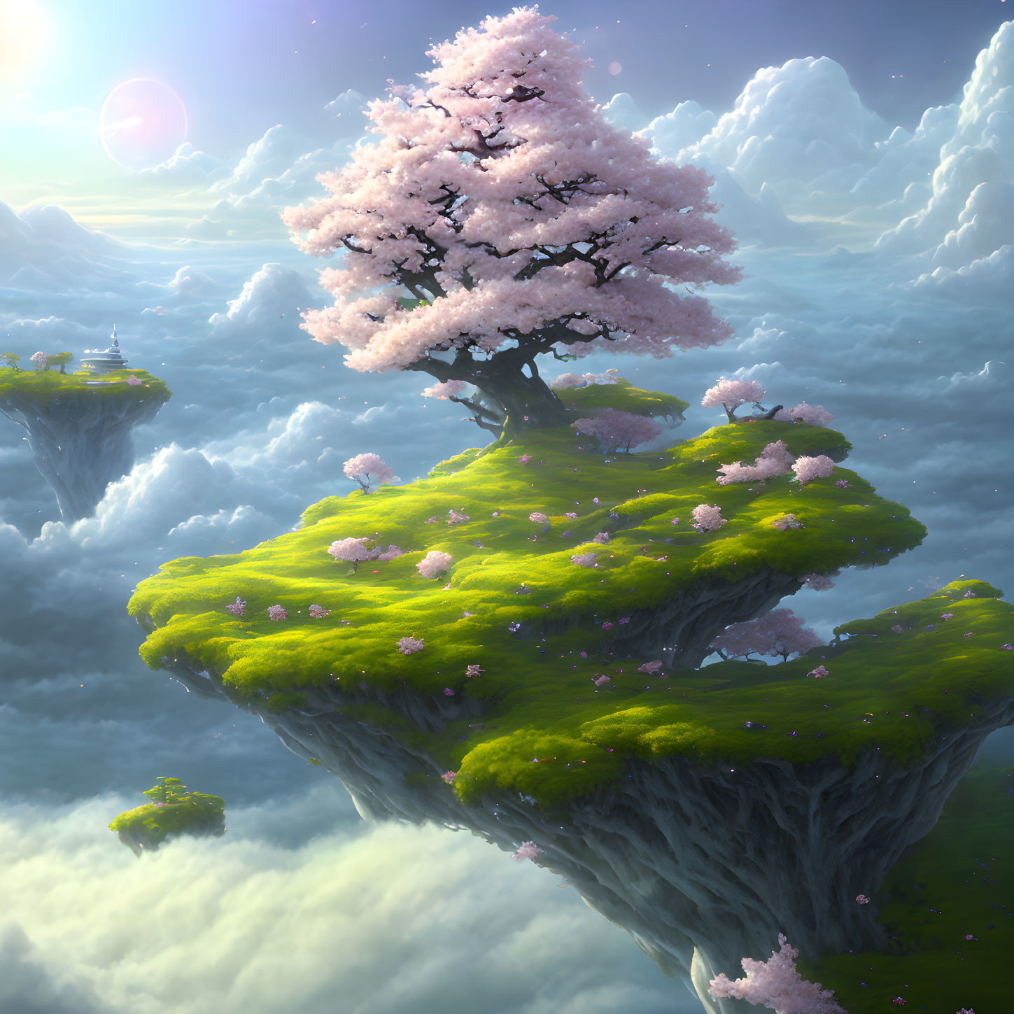 Lush floating island with cherry blossom tree under soft glowing sky