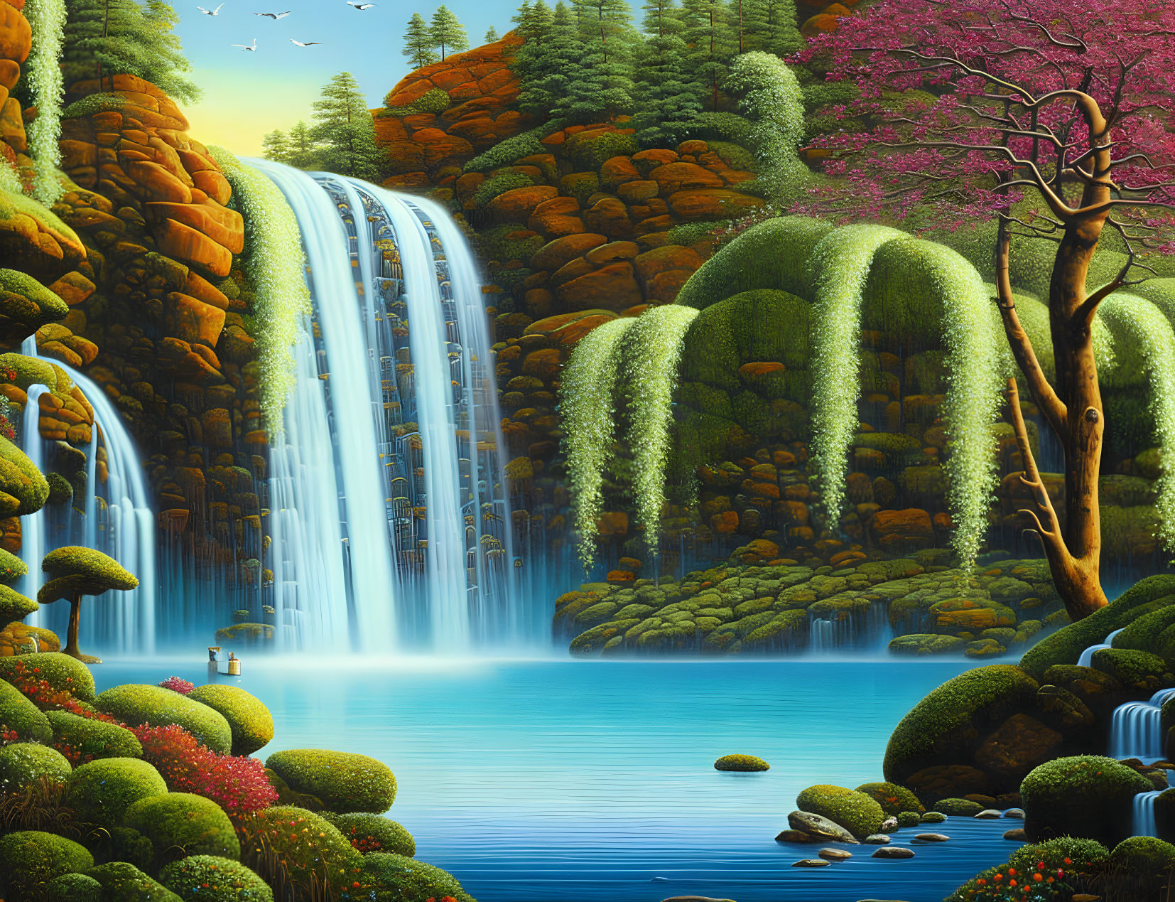 Tranquil landscape with waterfall, lush greenery, vibrant trees, and blue lake