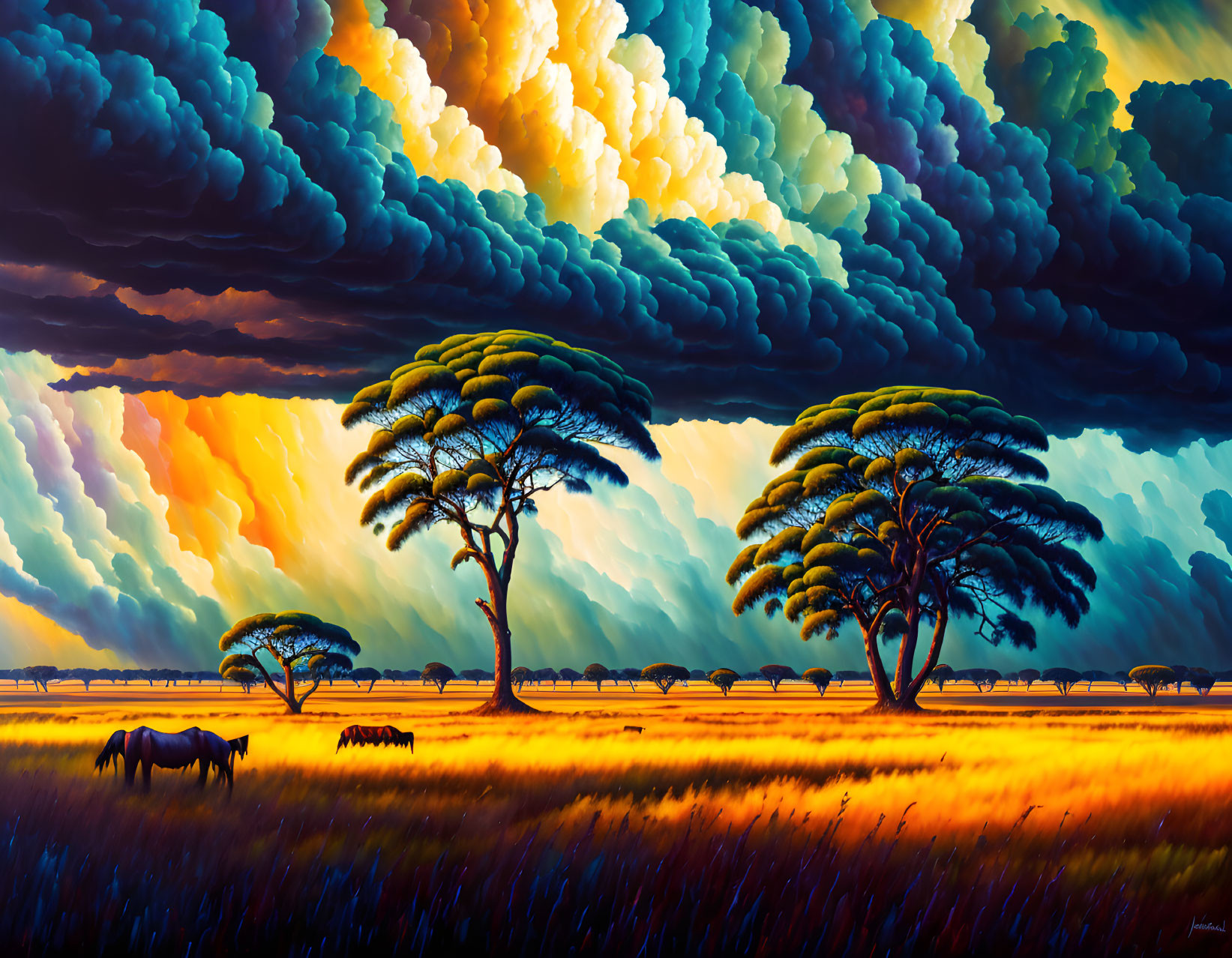 Vibrant landscape painting with acacia trees, zebras, and dramatic sunset sky