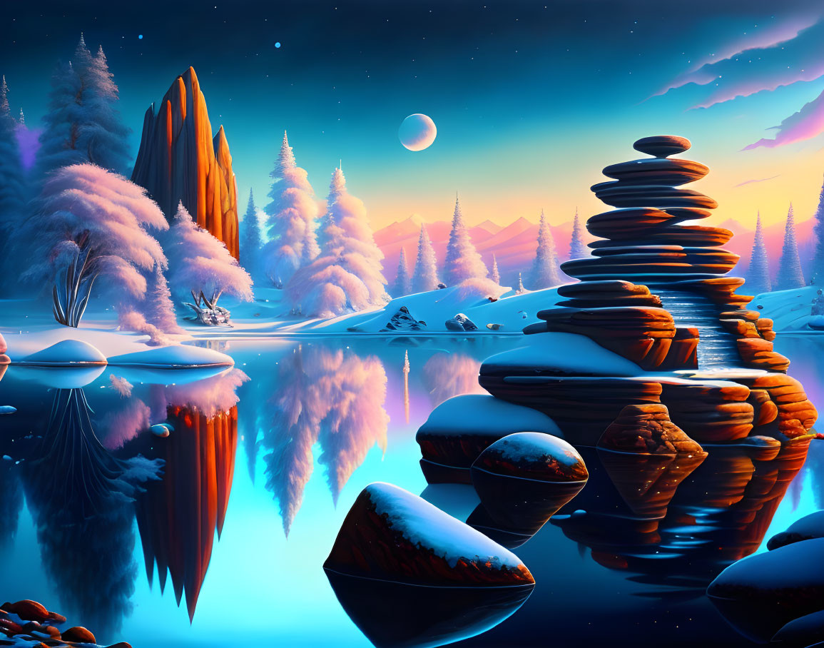 Snow-covered trees, stacked stones, and a crescent moon in serene winter landscape