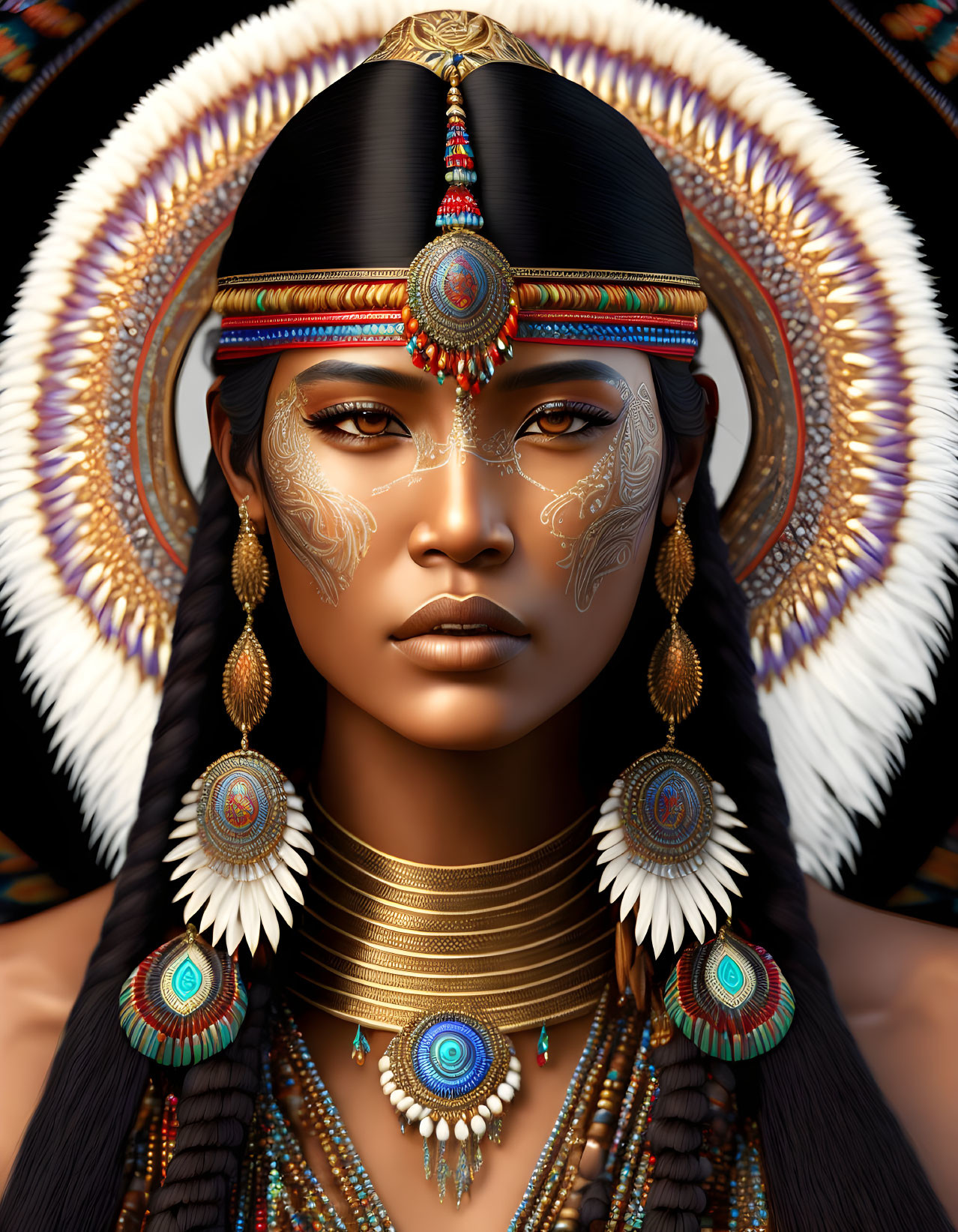 Intricate digital portrait of a woman in gold jewelry and feathered headdress