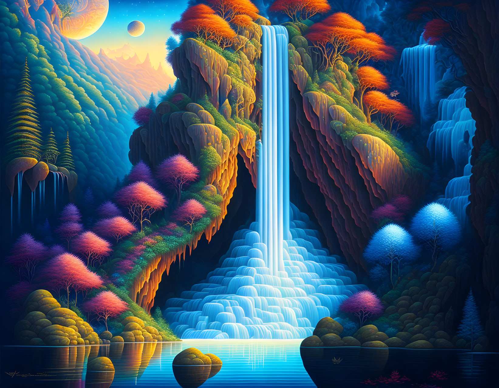 Colorful Digital Artwork of Fantastical Landscape with Waterfall