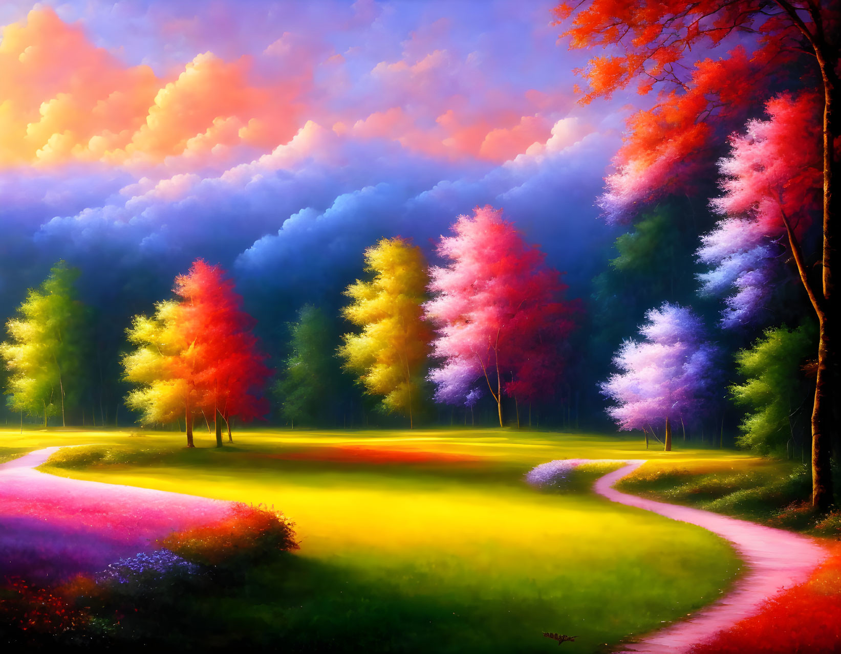 Colorful Autumn Forest Landscape with Winding Pathway