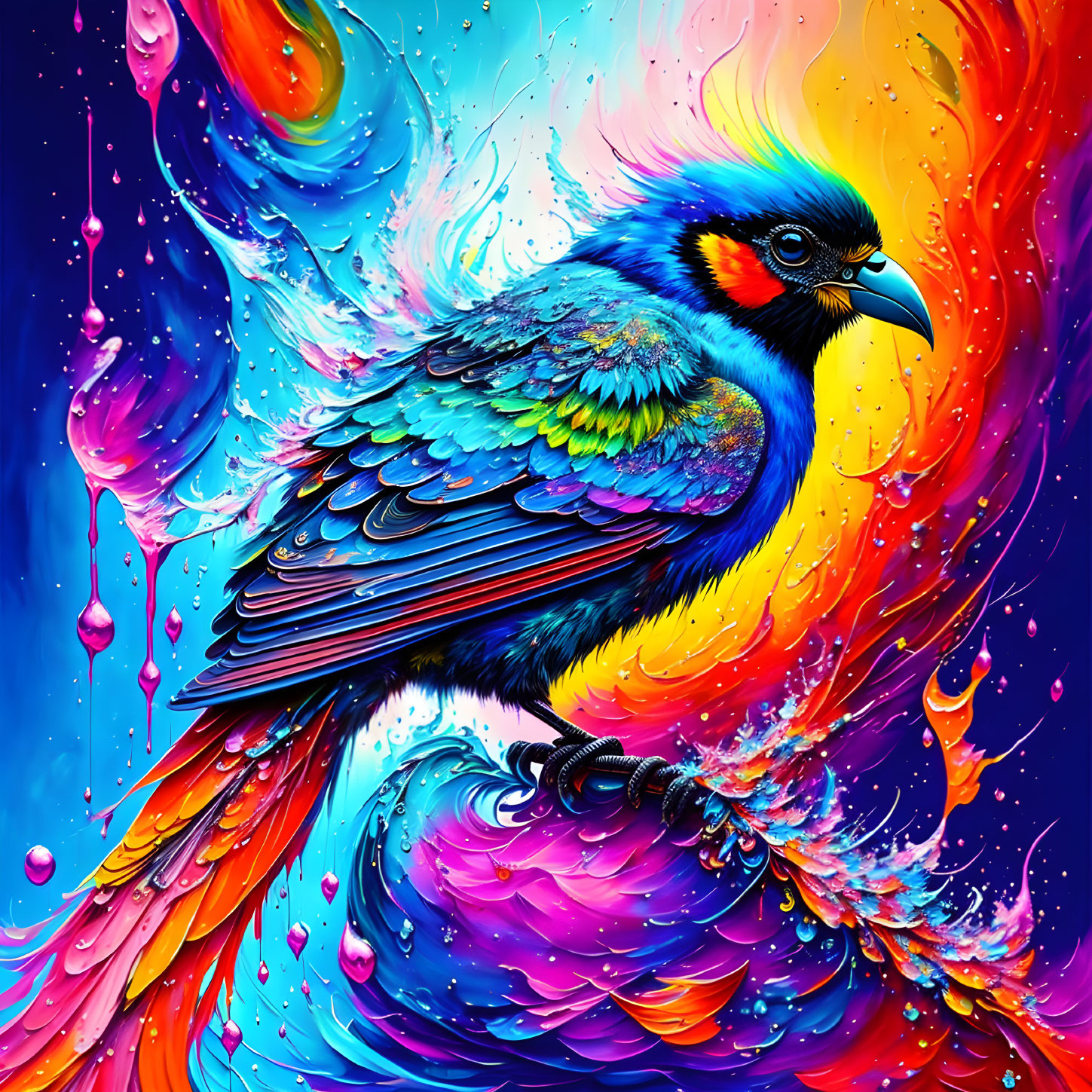 Colorful Bird Artwork with Vibrant Blues, Reds, and Yellows