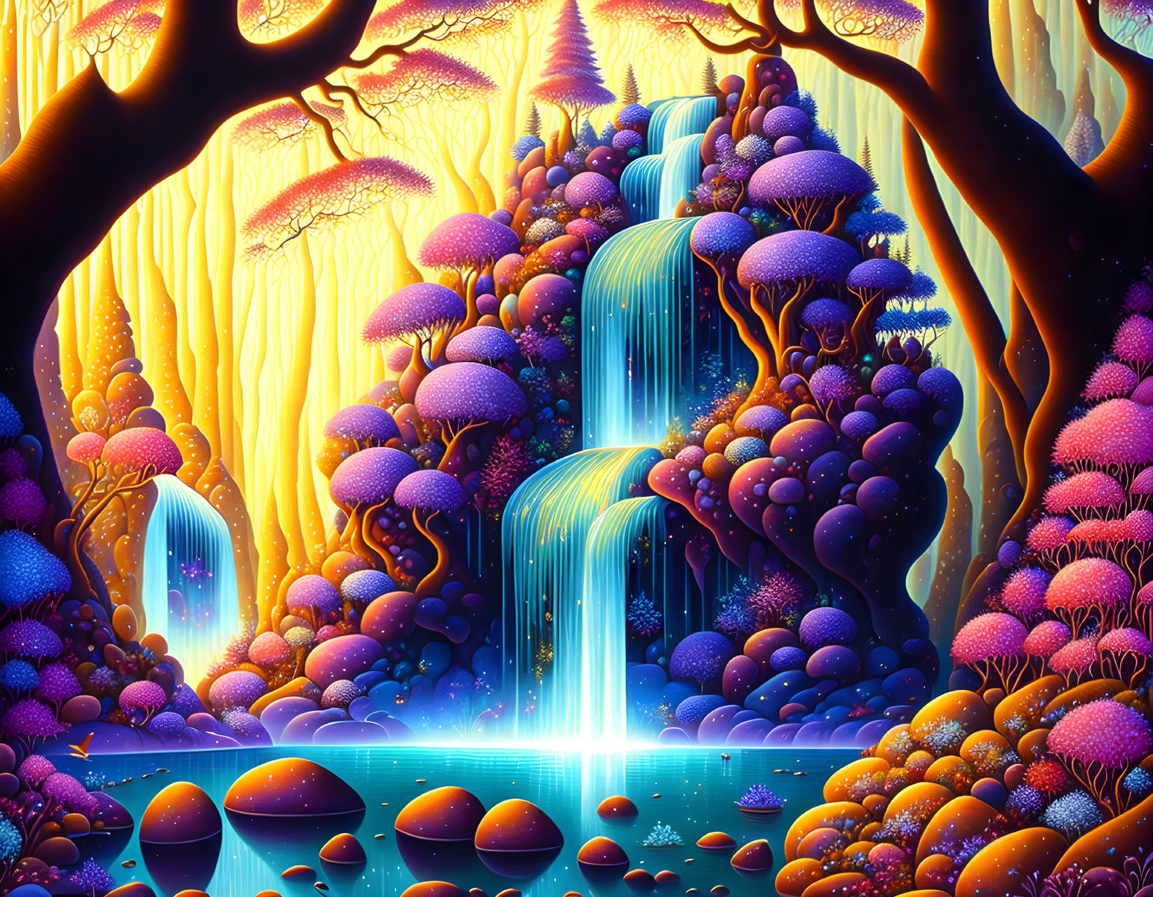 Surreal landscape with luminous waterfalls and glowing purple mushrooms