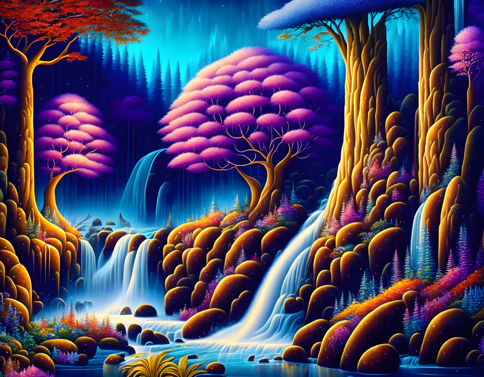 Fantasy Landscape with Purple Foliage, Waterfalls, and Glowing Flora