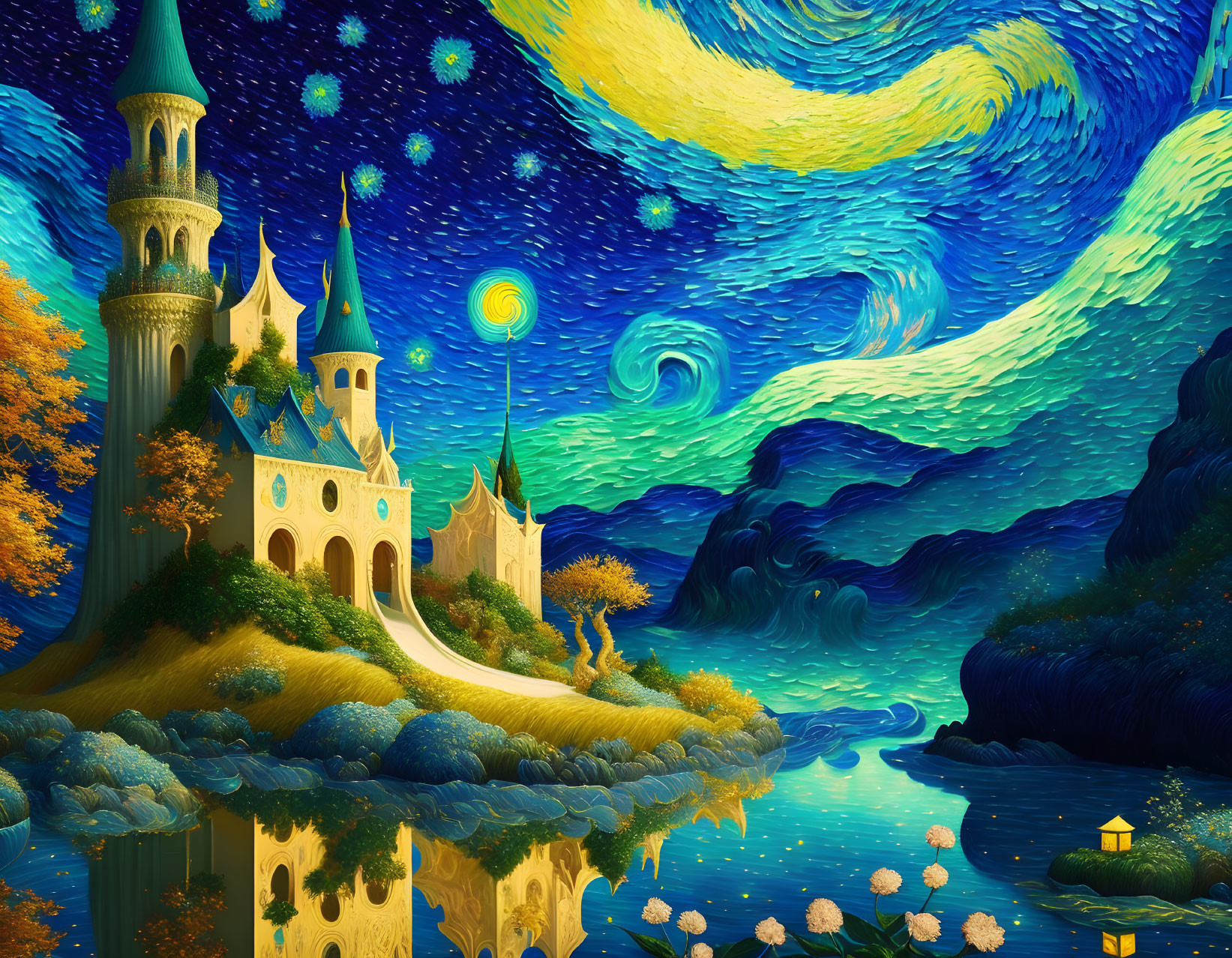 Colorful fairytale castle in Van Gogh's Starry Night style