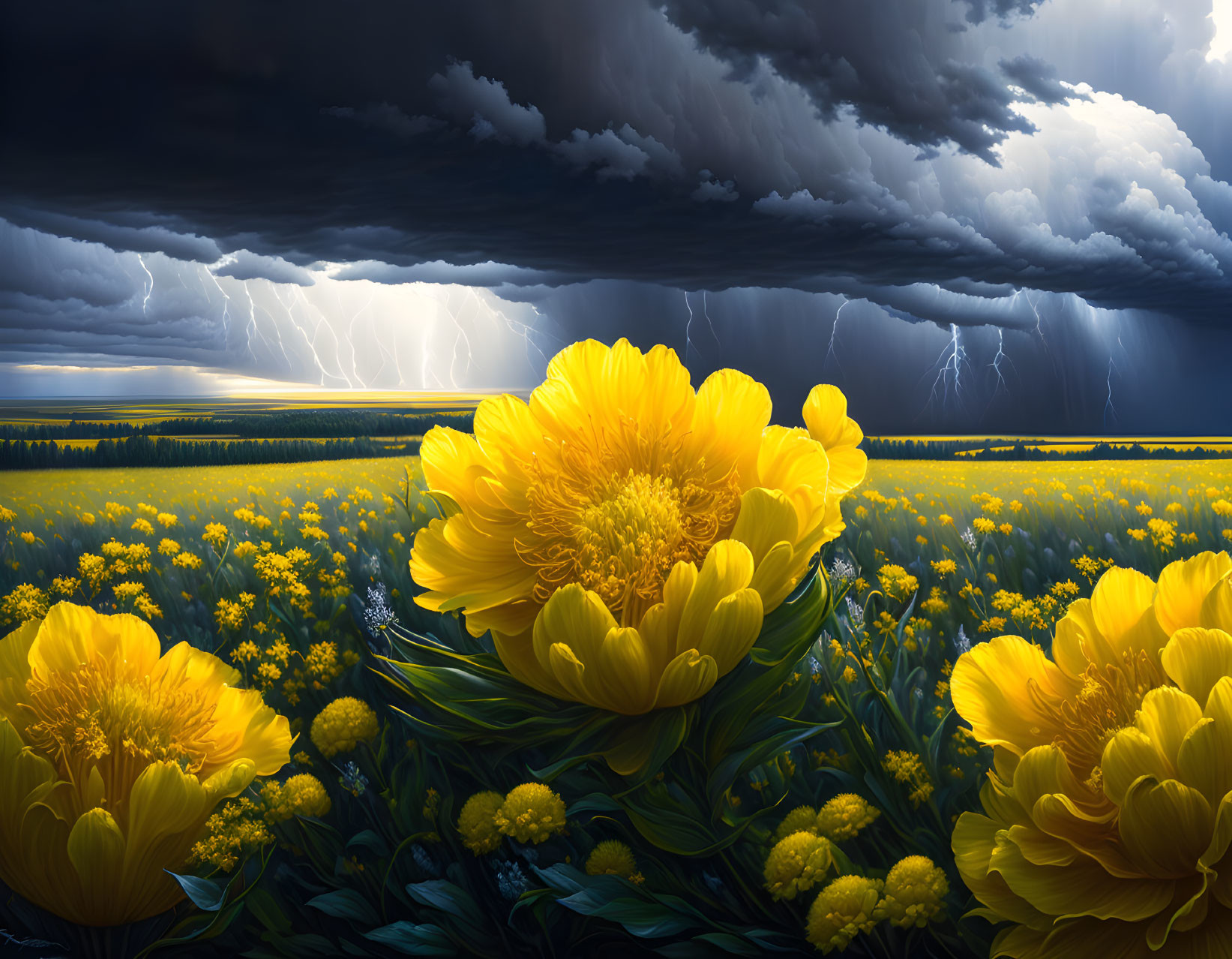 Dramatic sky with lightning strikes and yellow flowers