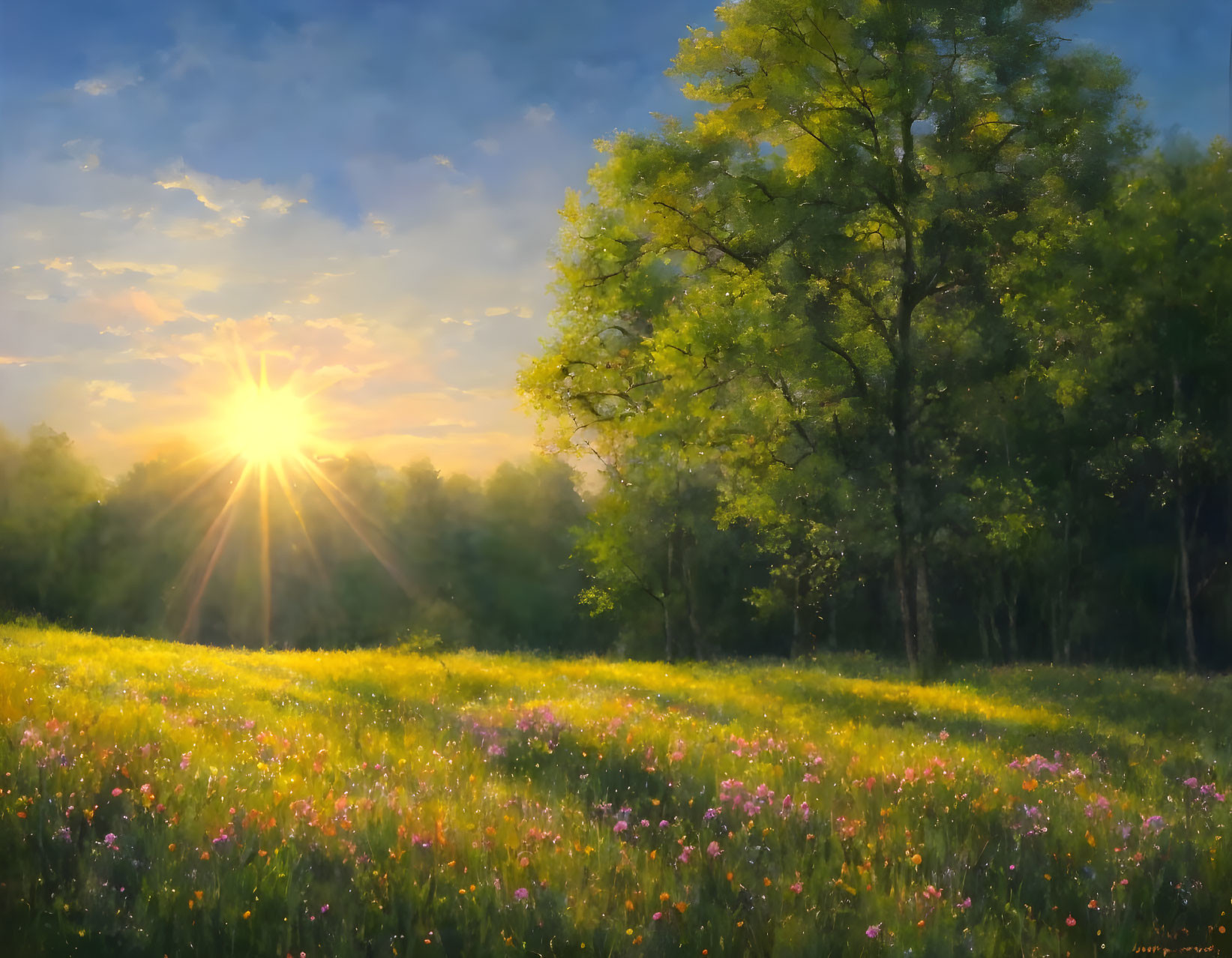 Tranquil meadow with blooming wildflowers at sunrise surrounded by lush trees