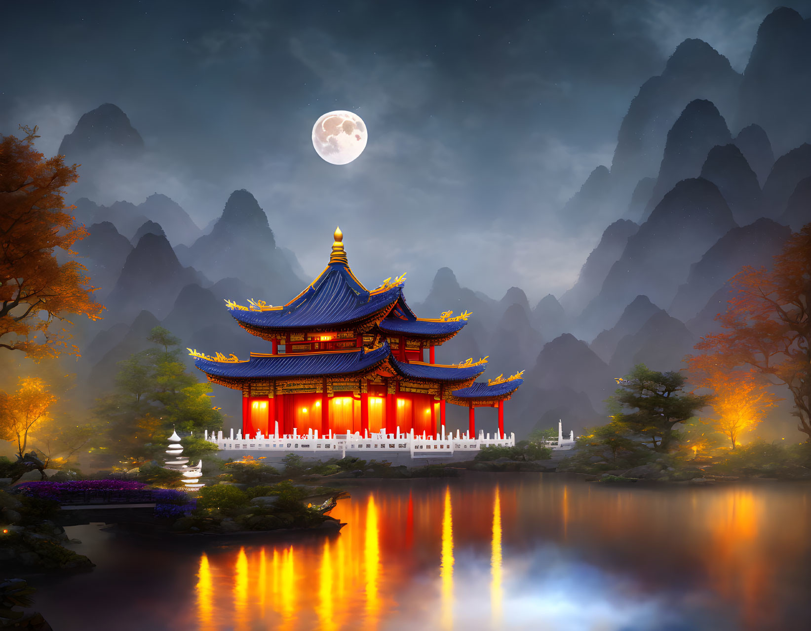 Traditional Asian Pagoda Illuminated at Night Over Calm Lake with Autumn Trees, Misty Mountains,