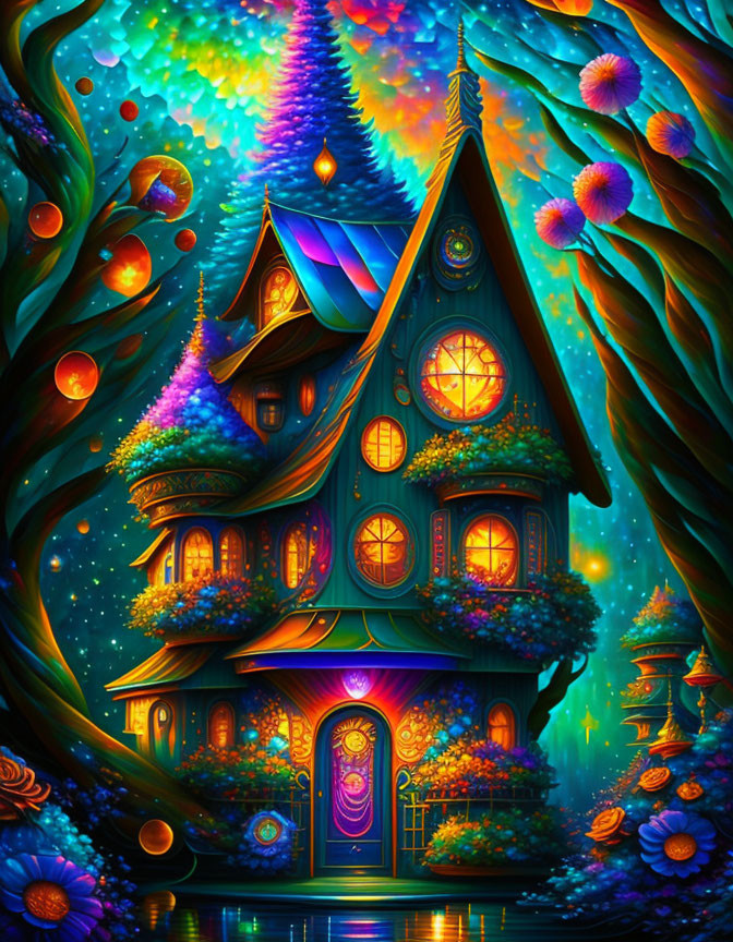 Colorful whimsical digital illustration: Magical treehouse in lush foliage, starry sky