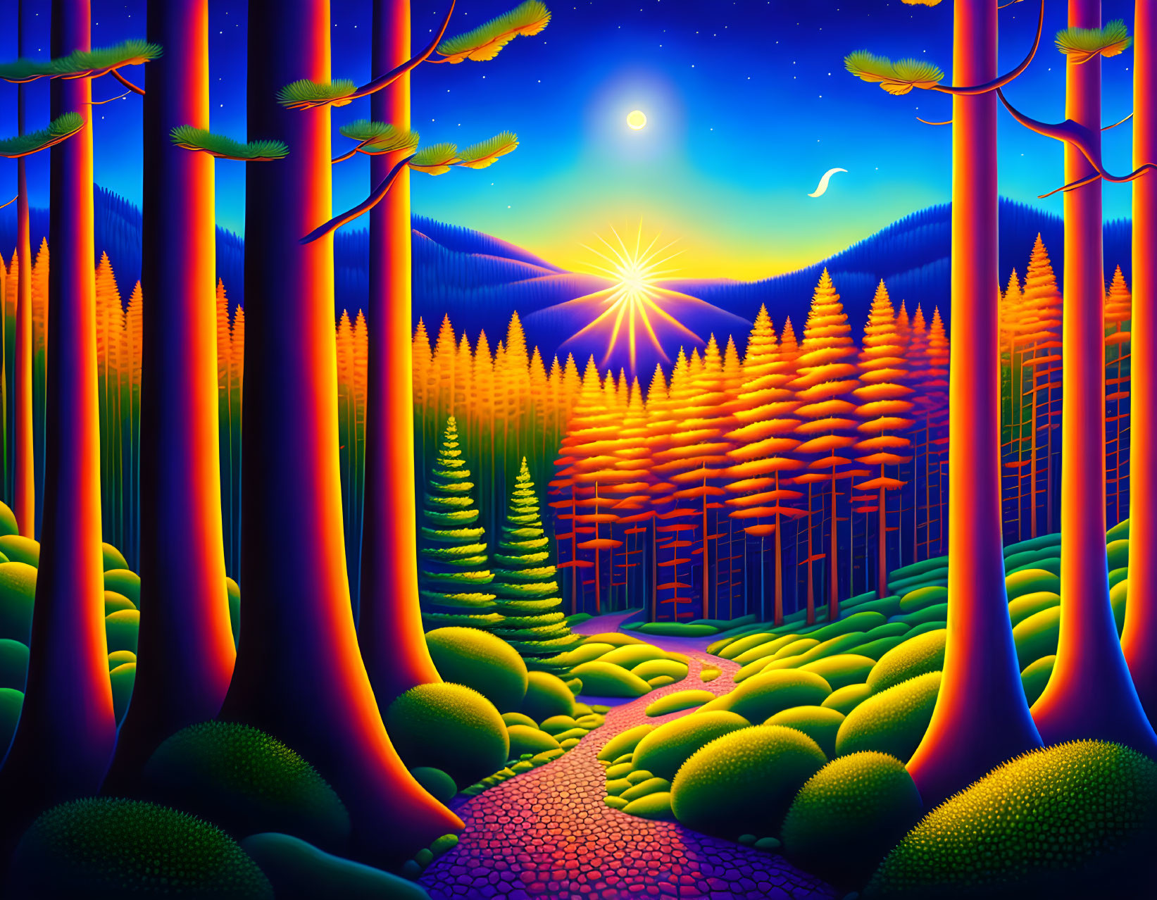 Nighttime forest scene with starlit sky, full moon, luminous trees, and winding path.