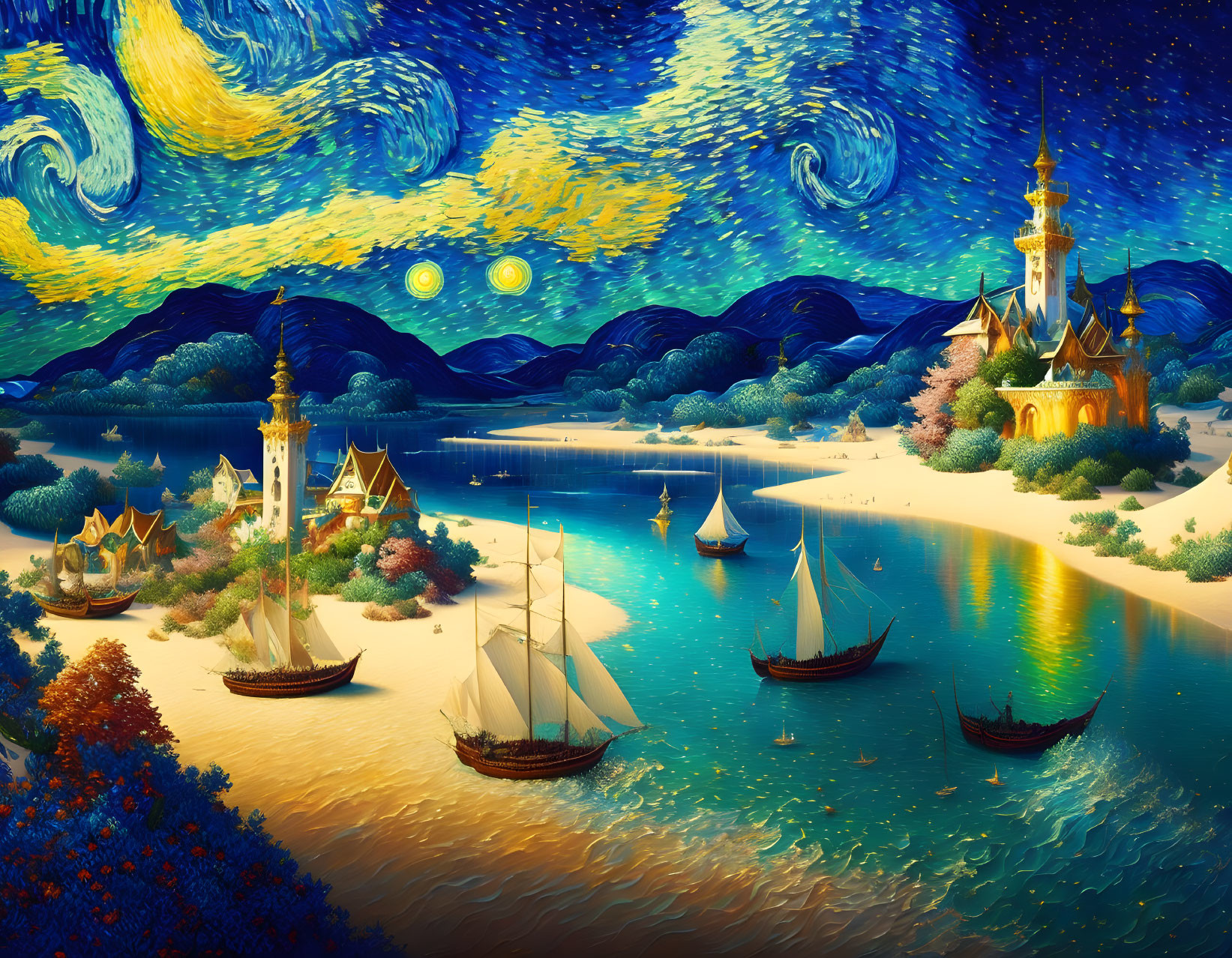 Colorful landscape with castle, sailboats, and swirling night sky