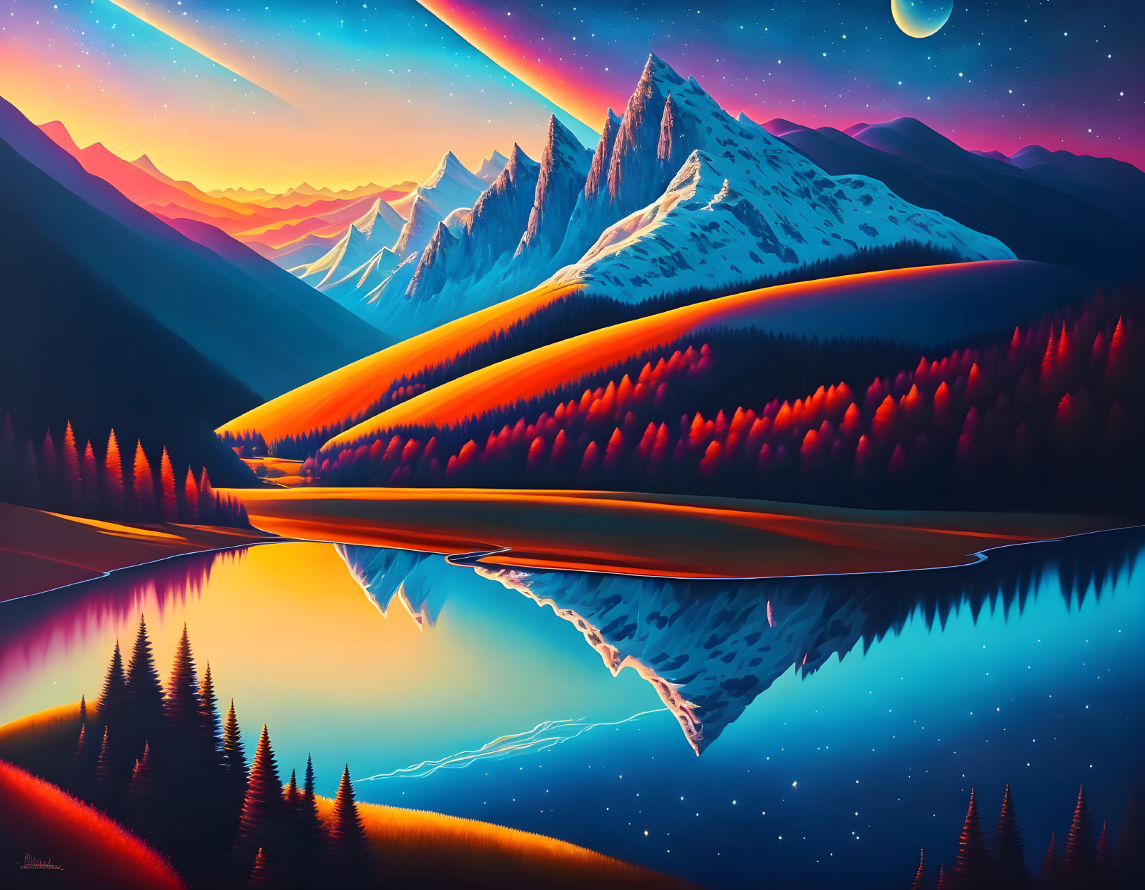 Colorful landscape with snow-capped mountains, reflective lake, forest, sunset, and starry sky