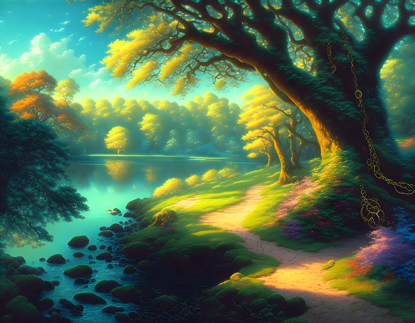 Serene lake and lush forest under golden sunlight