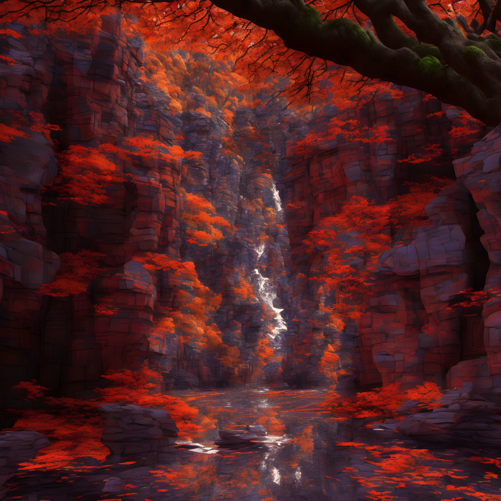 Scenic autumn waterfall in narrow rock canyon with vibrant foliage