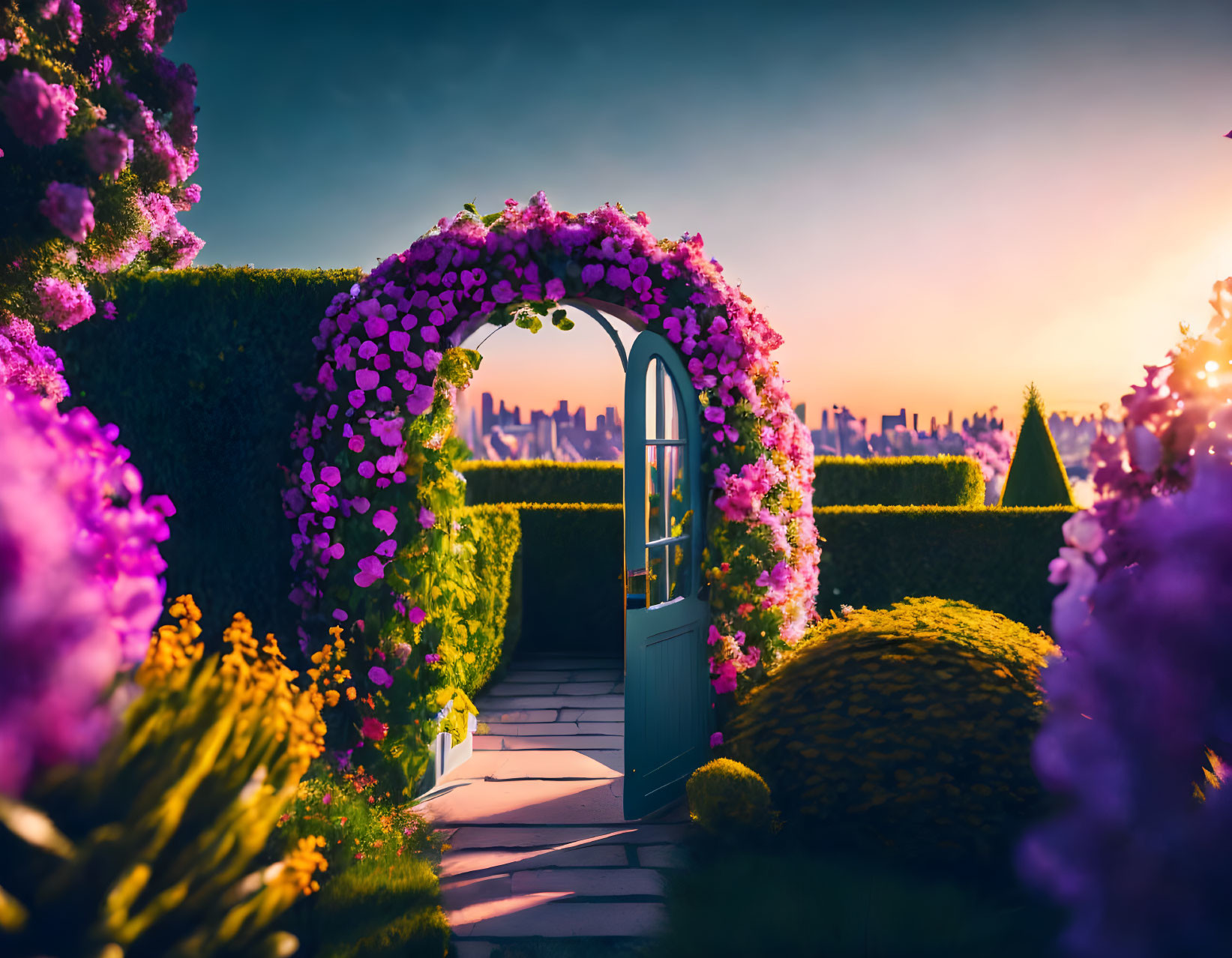 Vibrant pink flowers over garden pathway with city skyline at sunset