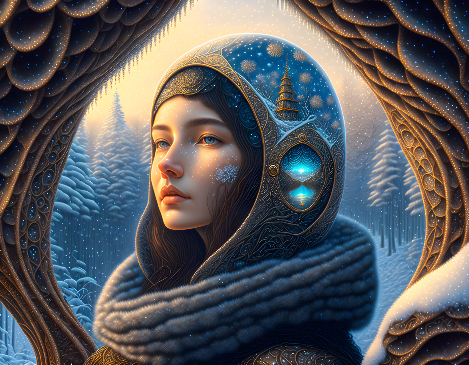 Detailed Woman in Ornate Headscarf Amid Wintry Forest with Mystical Elements